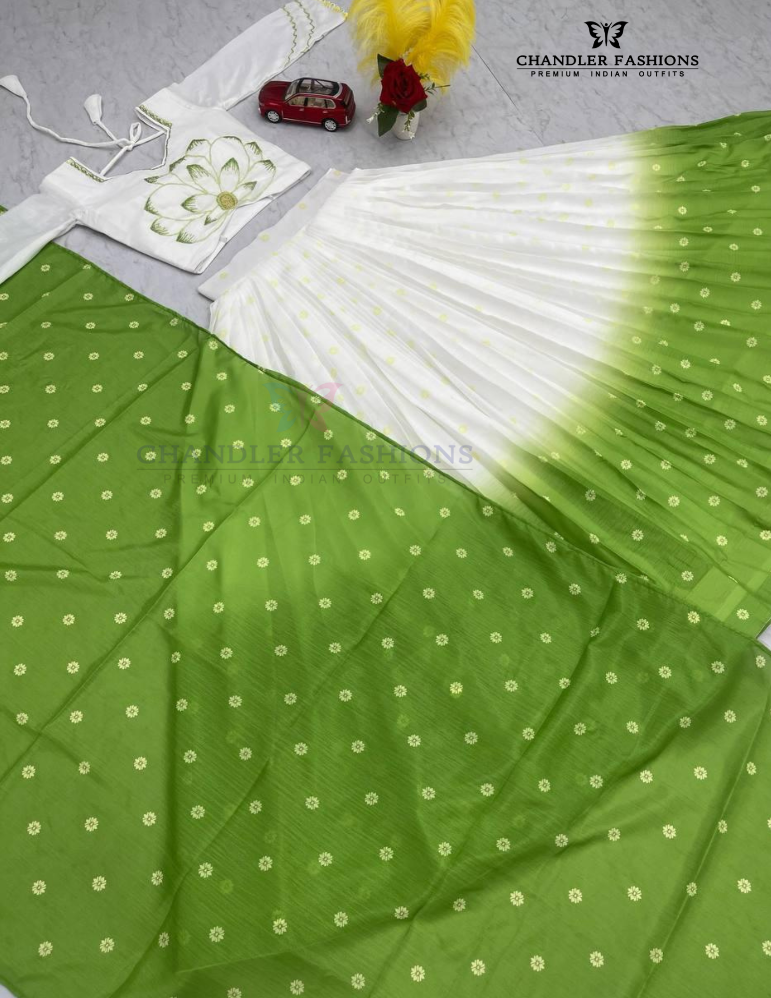 White And Green Color Lehenga Choli With Printed Work Near Me