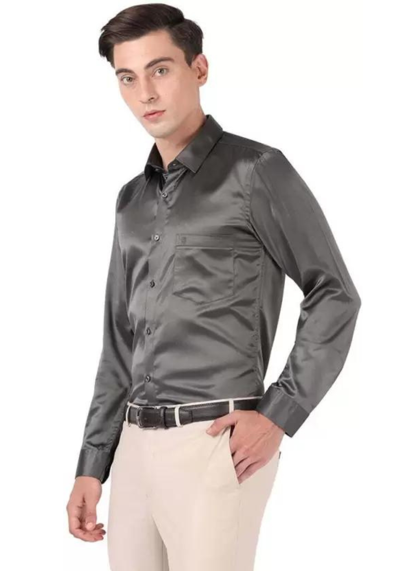 Mind Blowing Gray Color Full Sleeve Silk Shirt For Men