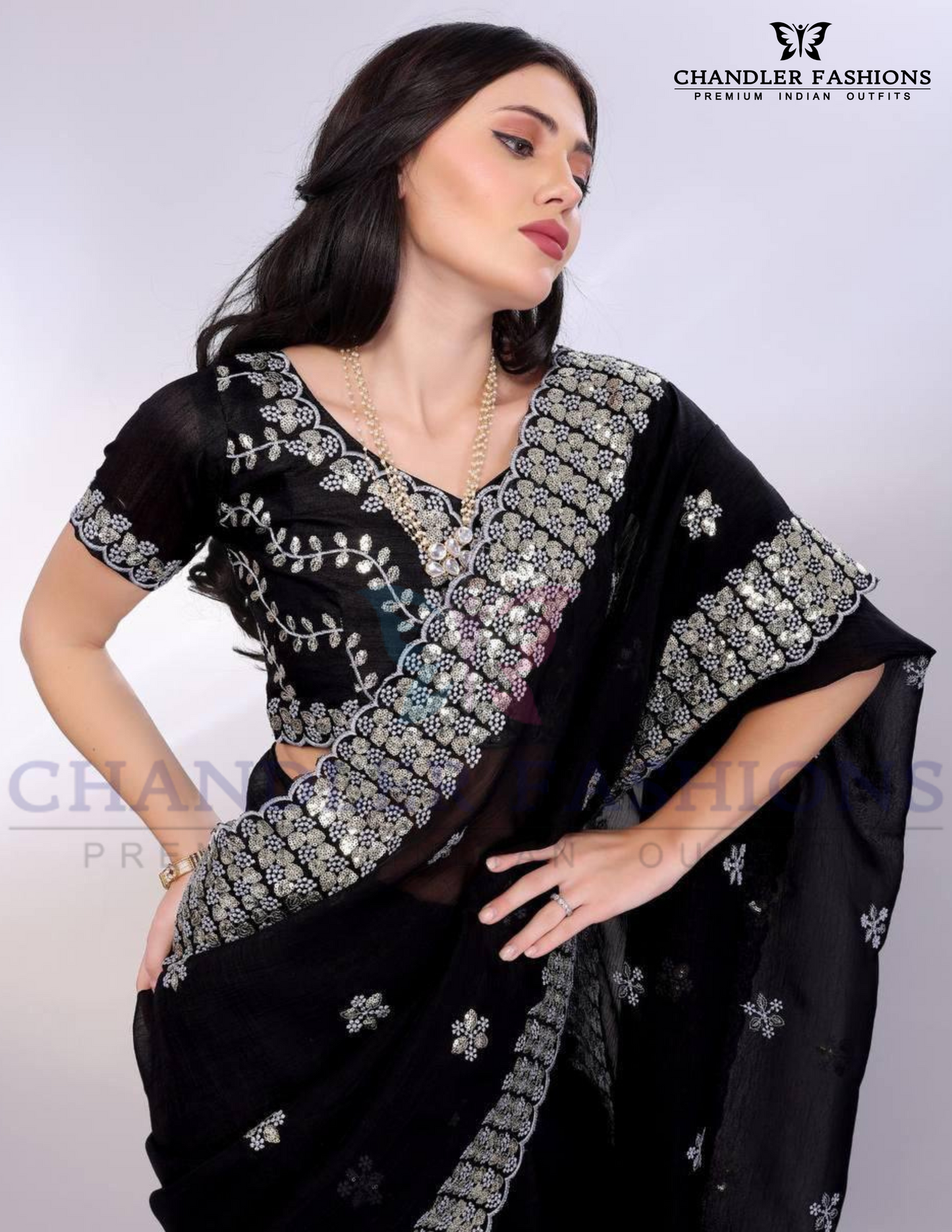 Black Color Gold Tussar Sequins Saree With Embroidery Work Near Me