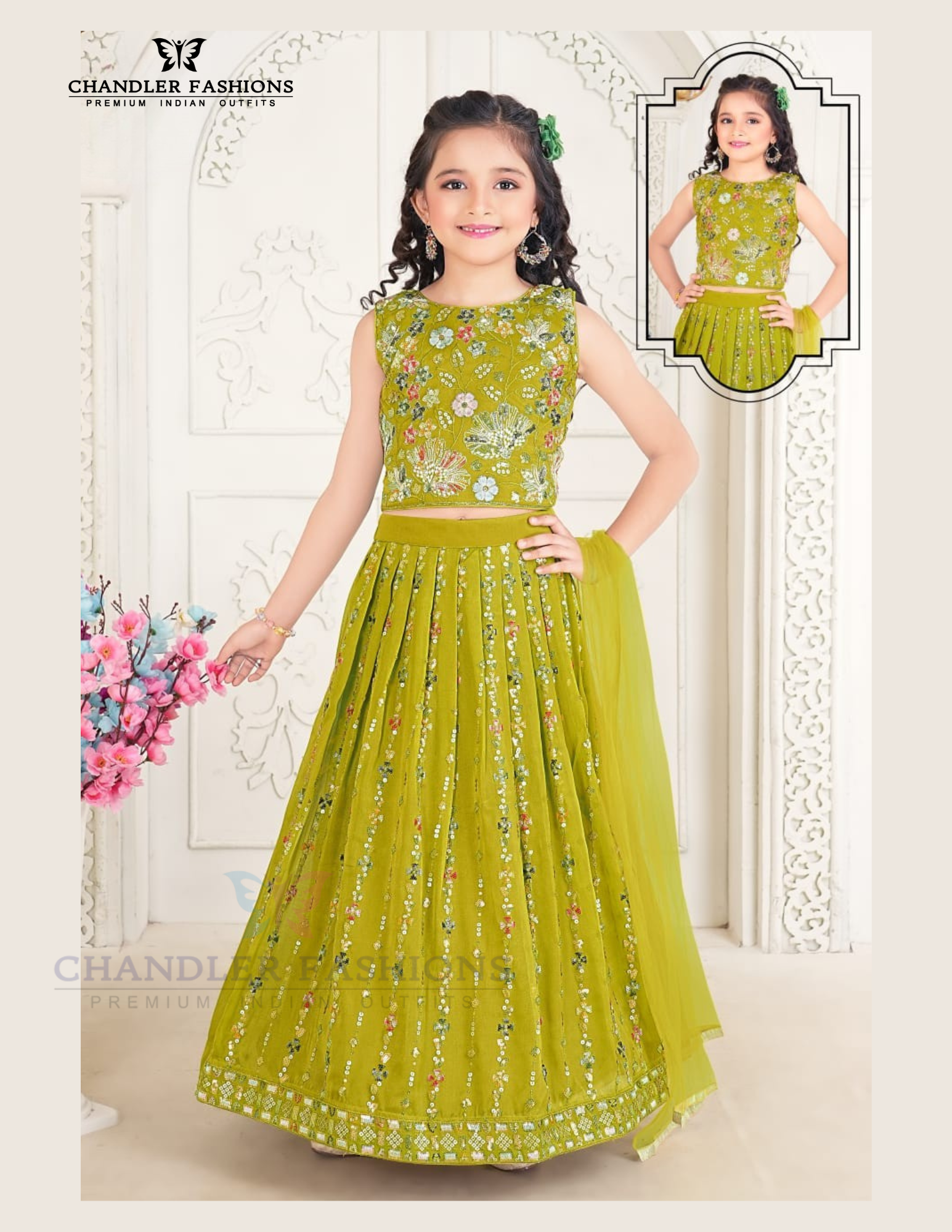 Beautiful Parrot Green Color Sequins Work Choli Sets For Girls 11-12 YEARS / CHANDERI SILK / Green Beautiful Parrot Green Color Sequins Work Choli Sets For Girls 11-12 YEARS / CHANDERI SILK / Green