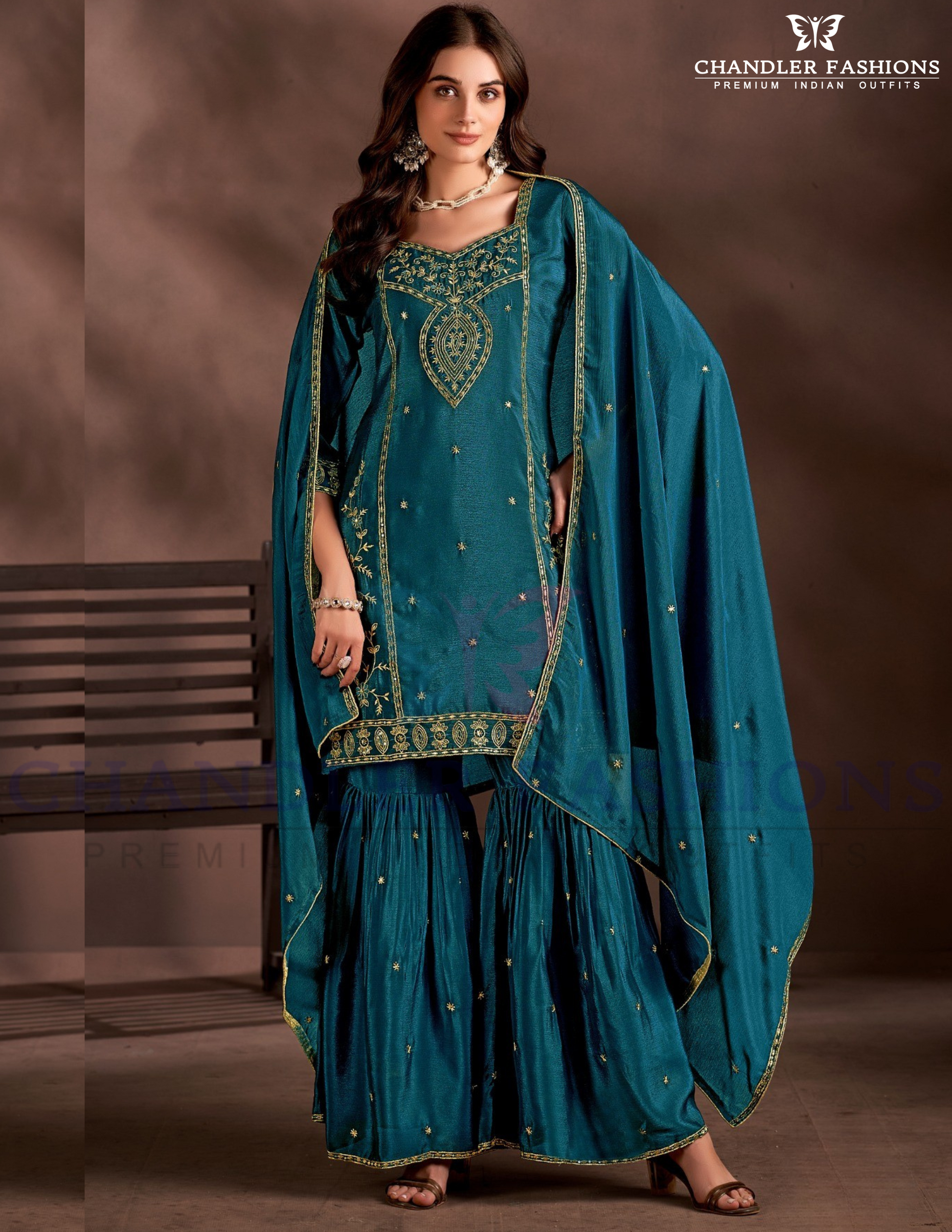 Elegant Teal Blue Color Chinon Sharara Suit With Heavy Embroidery Work For Women