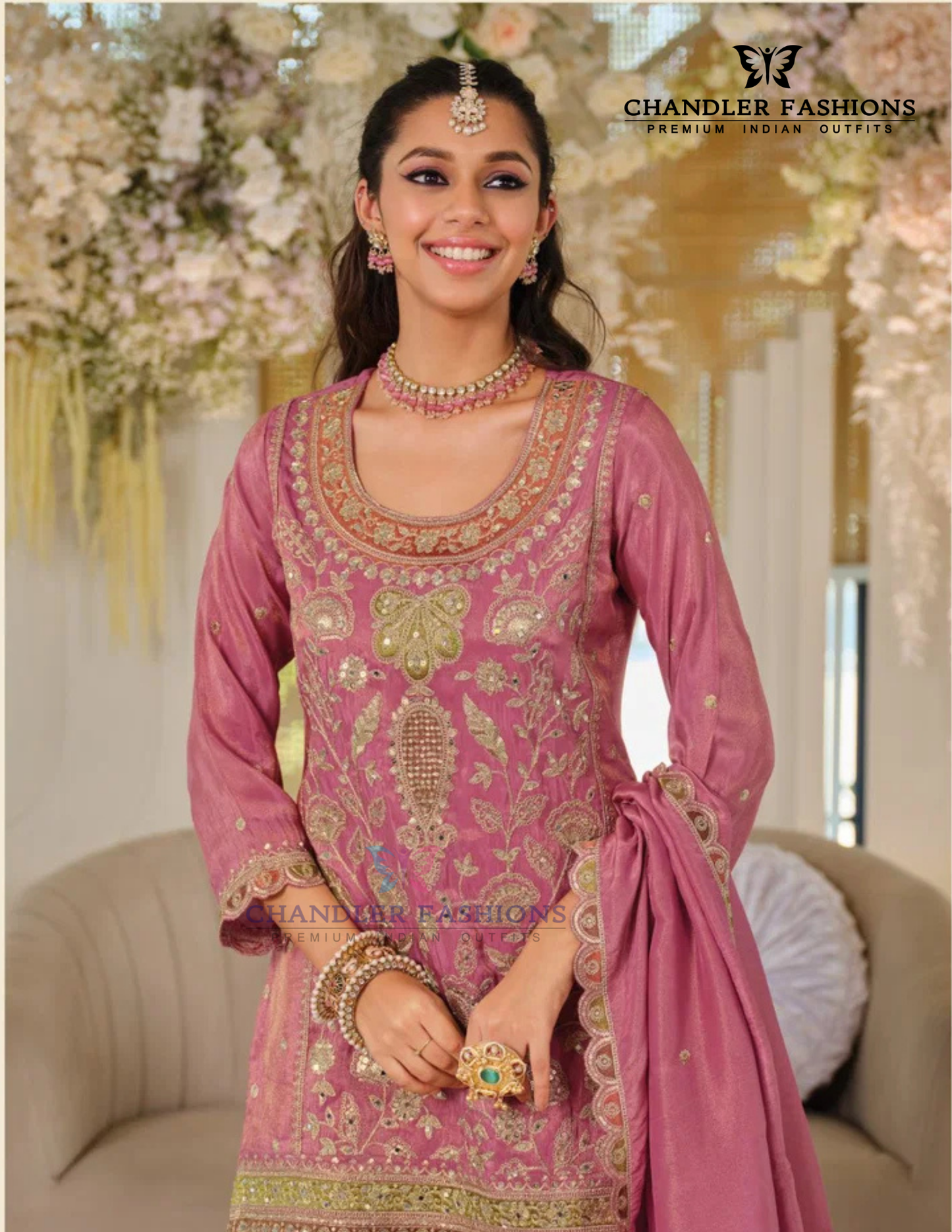 Pink Color Chinon With Embroidery And Sequins Work Palazzo Suit In USA