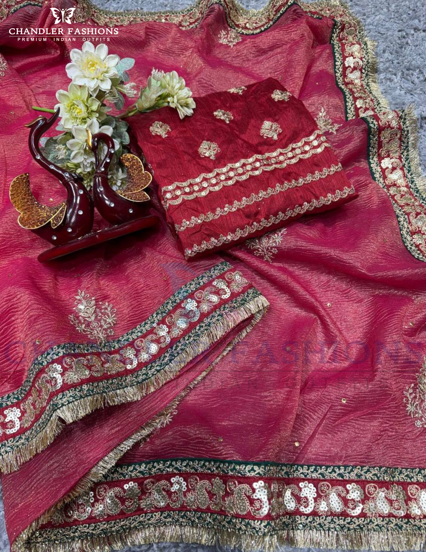 Stunning Red Color Banarasi With Embroidery Work Saree For Women