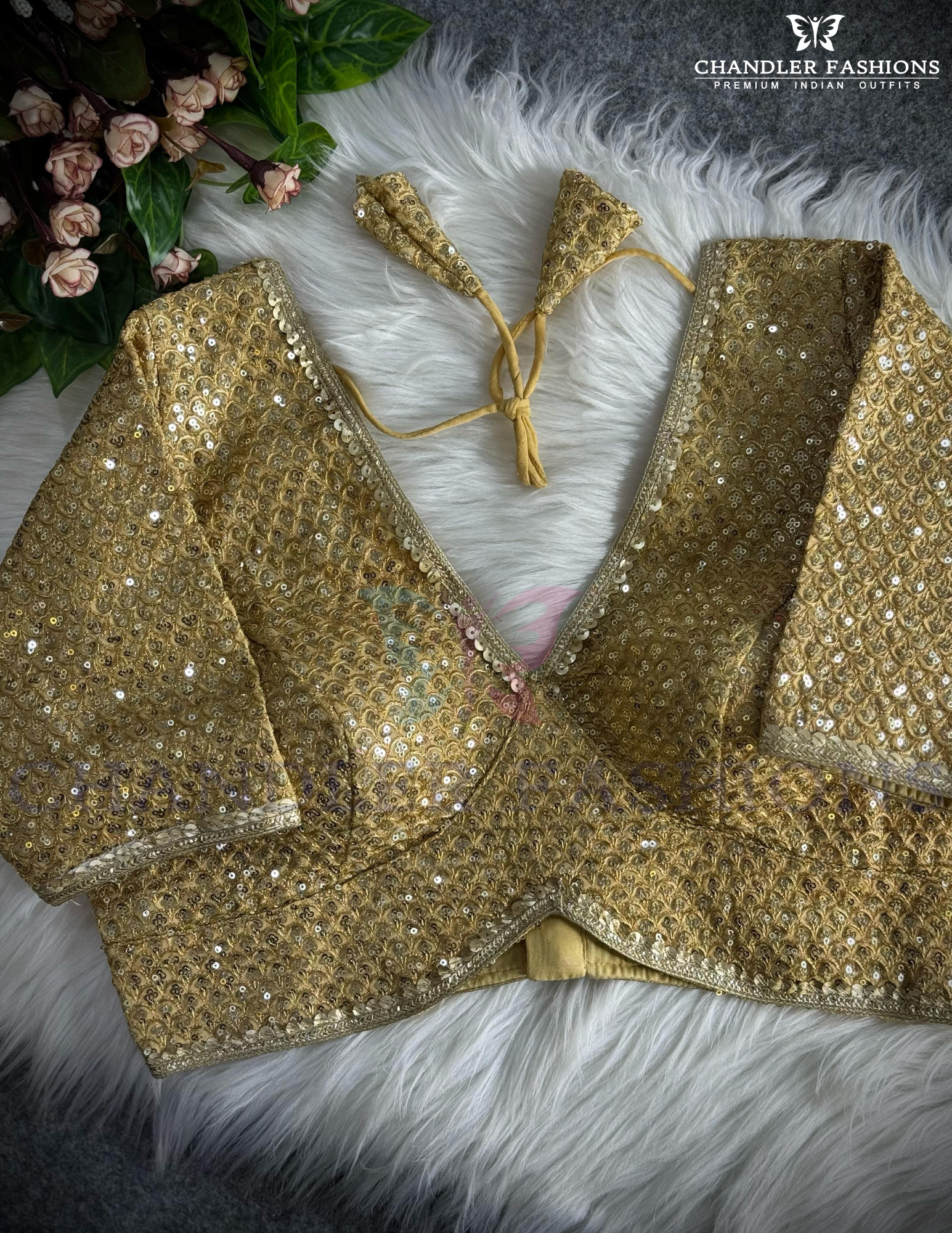 Beautiful Gold Color Faux Georgette Sequins Work Blouse For Women