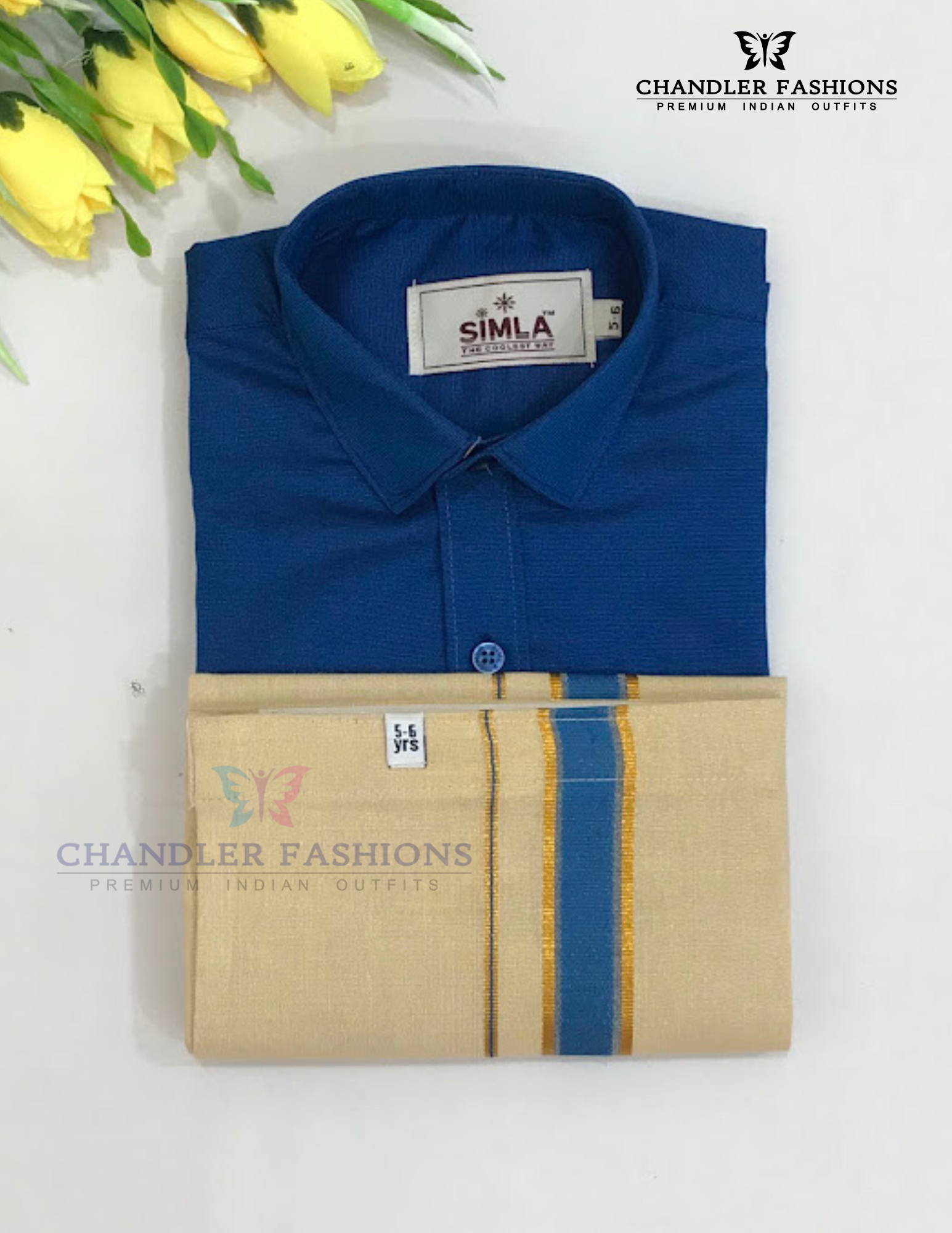 Elegant Blue Color Cotton Shirt With Tissue Zari Work Dhoti Set For Kids