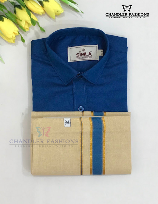 Elegant Blue Color Cotton Shirt With Tissue Zari Work Dhoti Set For Kids