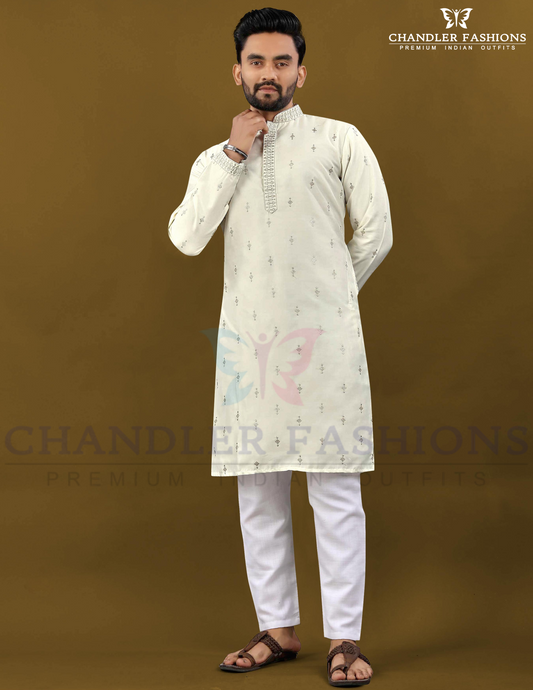 Graceful White Color Silk Designer Men's Kurta With Silver Zari Embroidery Work