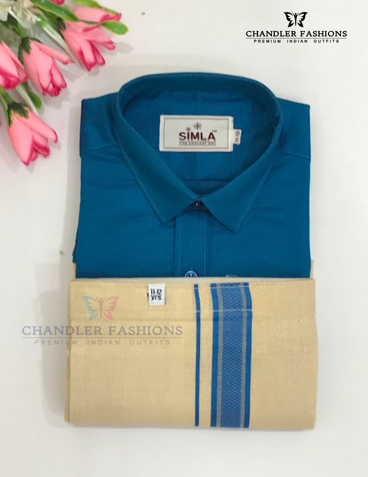 Pretty Blue Color  Cotton Shirt With Tissue Zari Work Dhoti Set For Kids