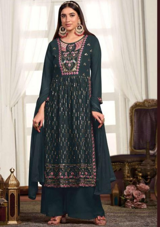 Charming Teal Green Color Embroidery Stone Work Kurti With Palazzo Suits
