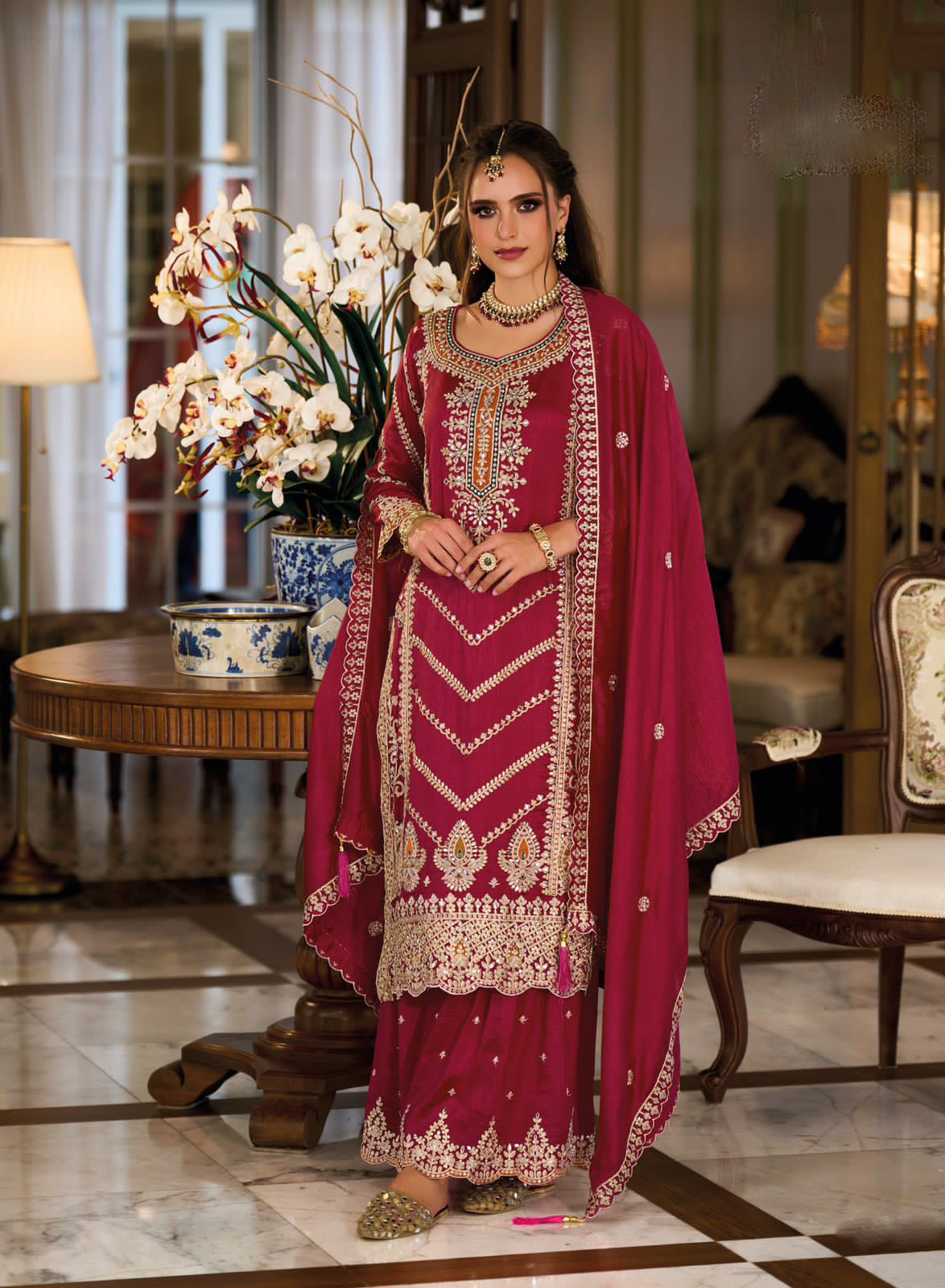 Dazzling Pink Color Premium Silk And Embroidery Work Palazzo Suits With Dupatta For Women