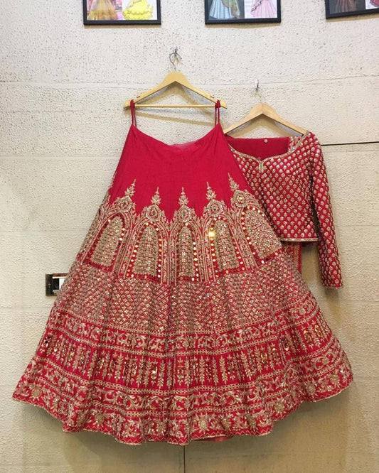 Dazzling Red Color Zari Sequins Embroidery Work Satin Silk Lehenga Choli For Women