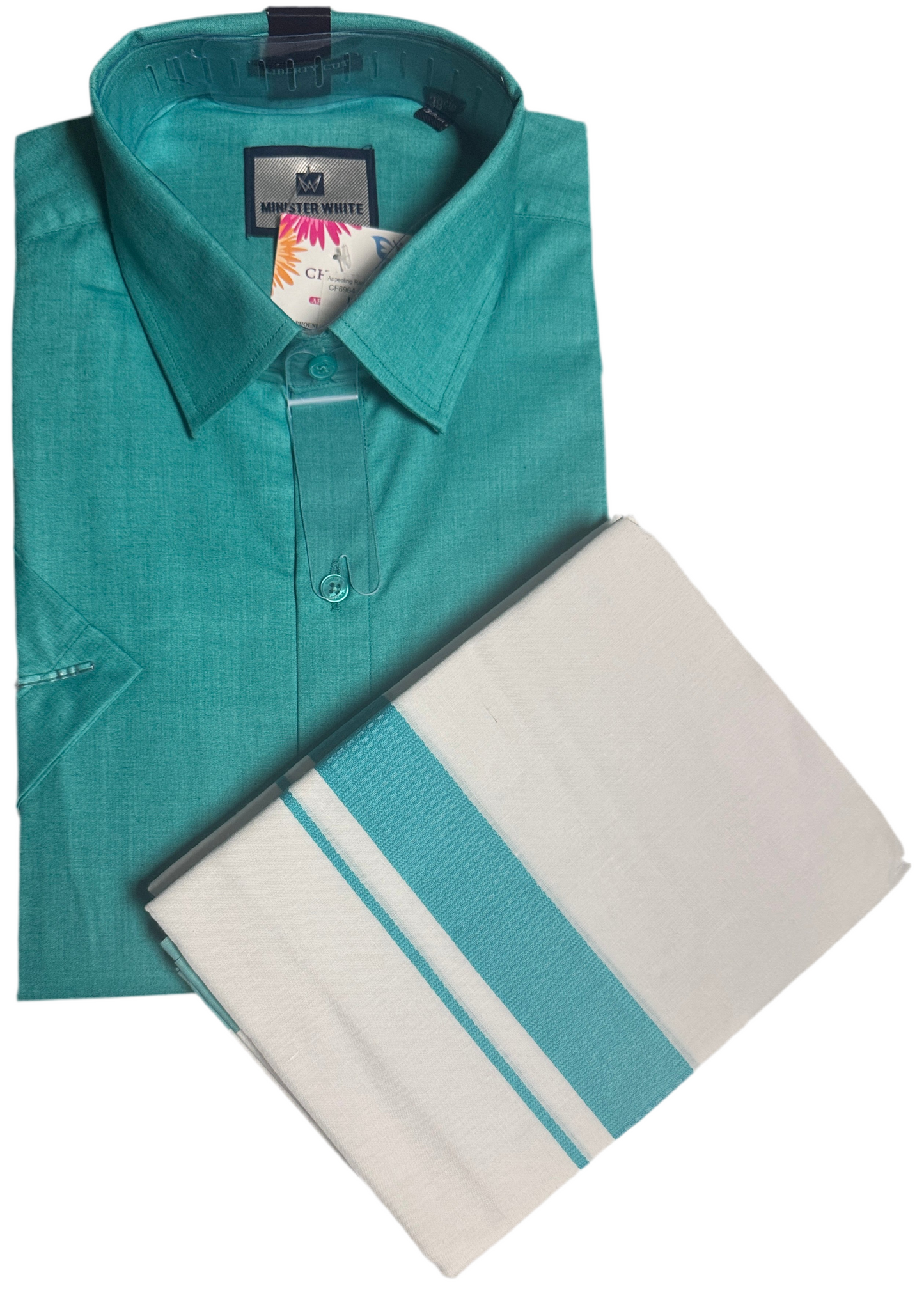 Appealing Rama Green Color Half Sleeve Cotton Dhoti Set With Fancy Border For Men