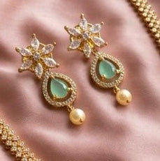 Stunning Mint Green And White Pearls Gold Plated Necklace With Earrings Set