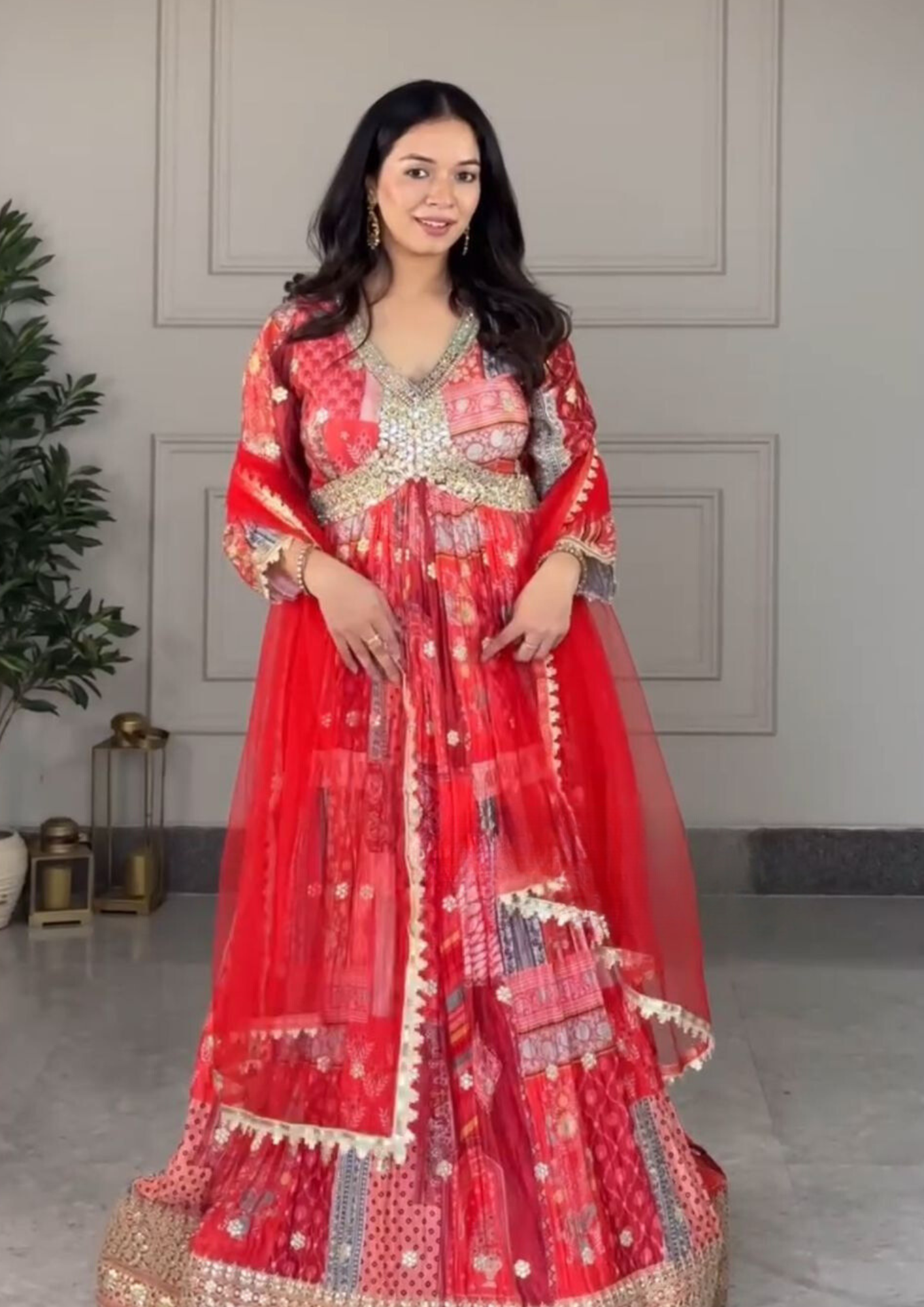Attractive Red Color Embroidery Sequins Work Aliya Cut Gown, Pant & Dupatta Set