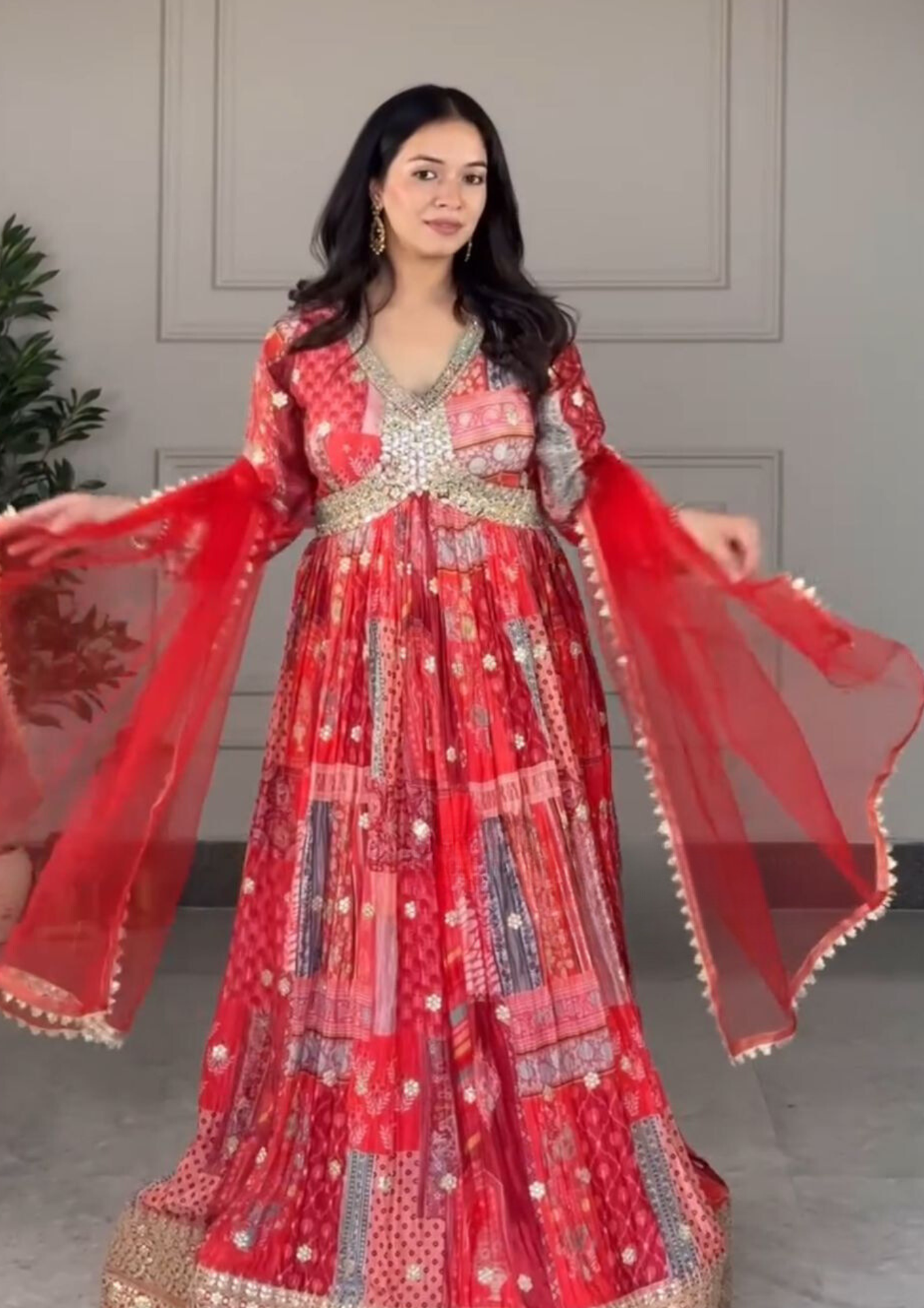 Red Color Embroidery Sequins Work Aliya Cut Gown, Pant & Dupatta Set Near Me