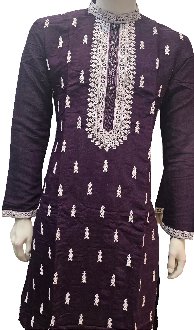 Wonderful Wine Color With Embroidery Work Kurta Suits For Men