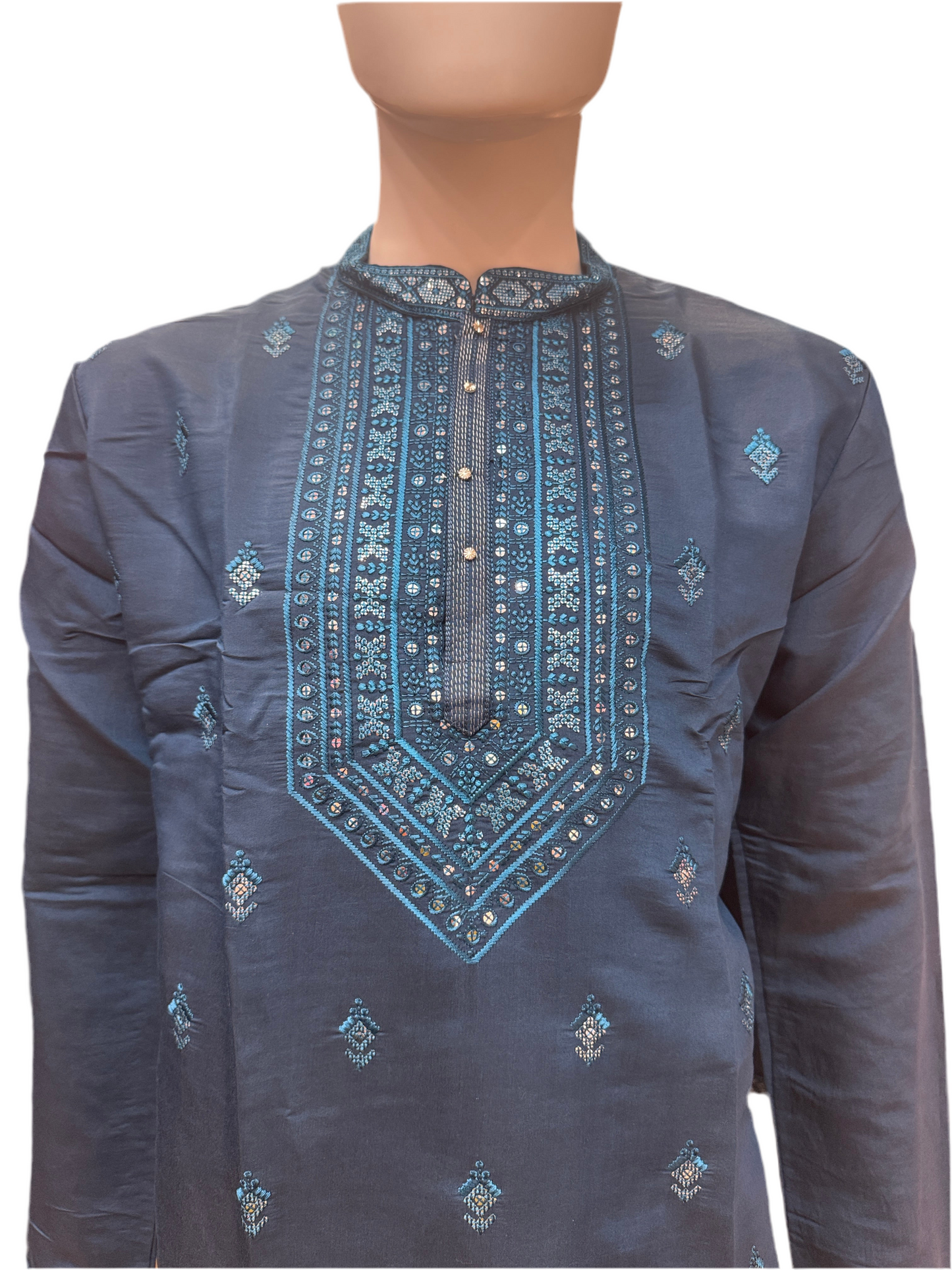 Marvelous Sea Blue Color With Cotton Embroidery Work Kurta Suits For Men