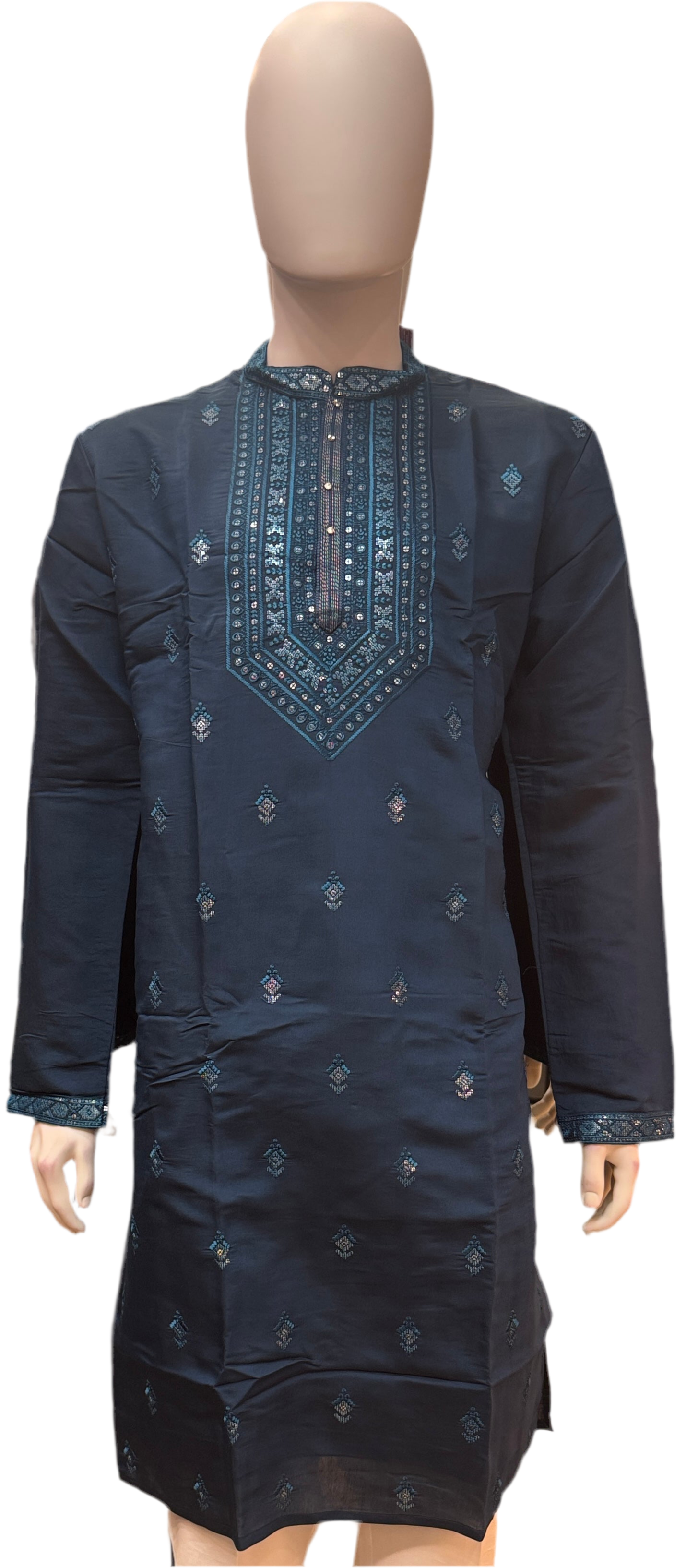Marvelous Sea Blue Color With Cotton Embroidery Work Kurta Suits For Men