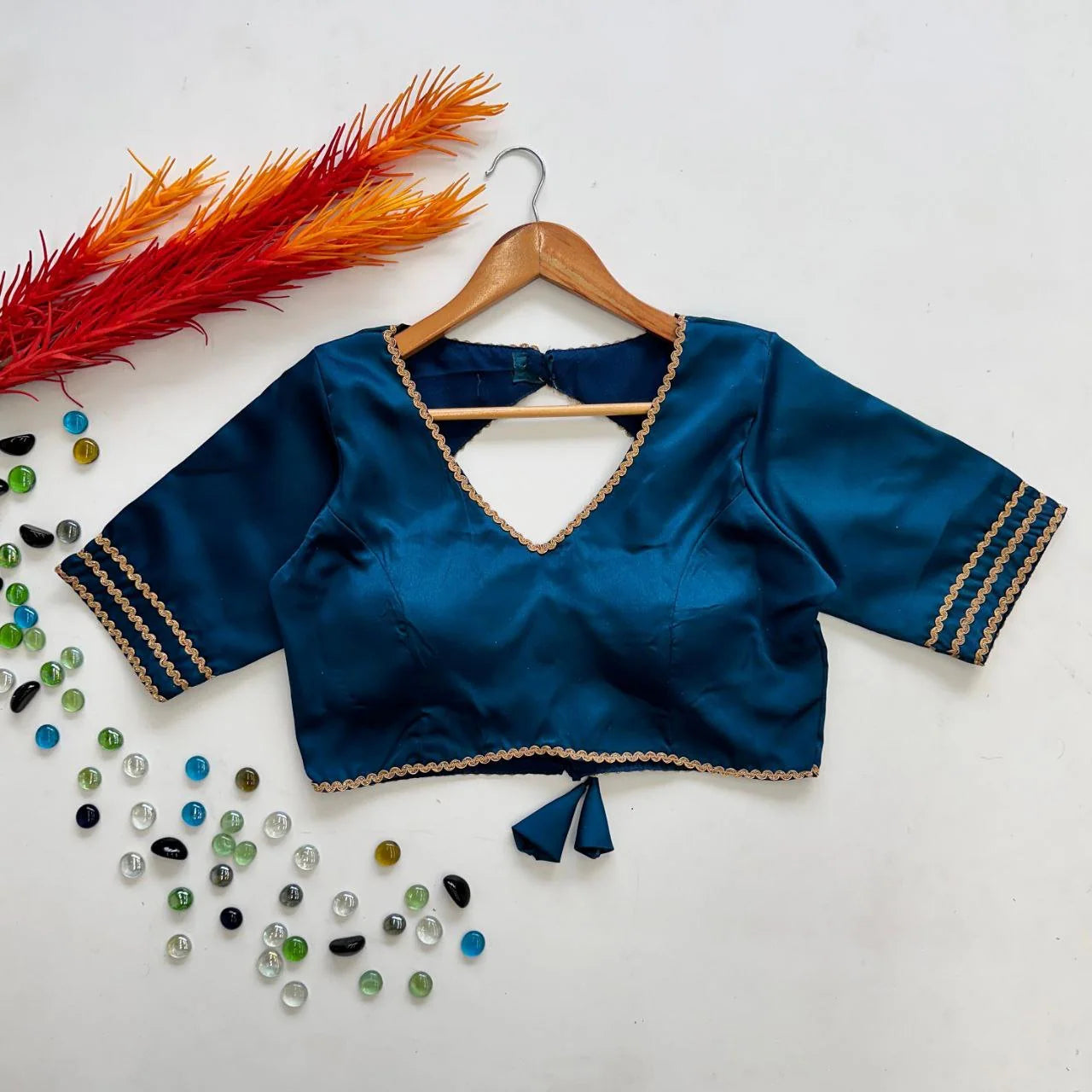 Delightful Blue Colored Regular Shape Back Open Readymade Blouse For Women