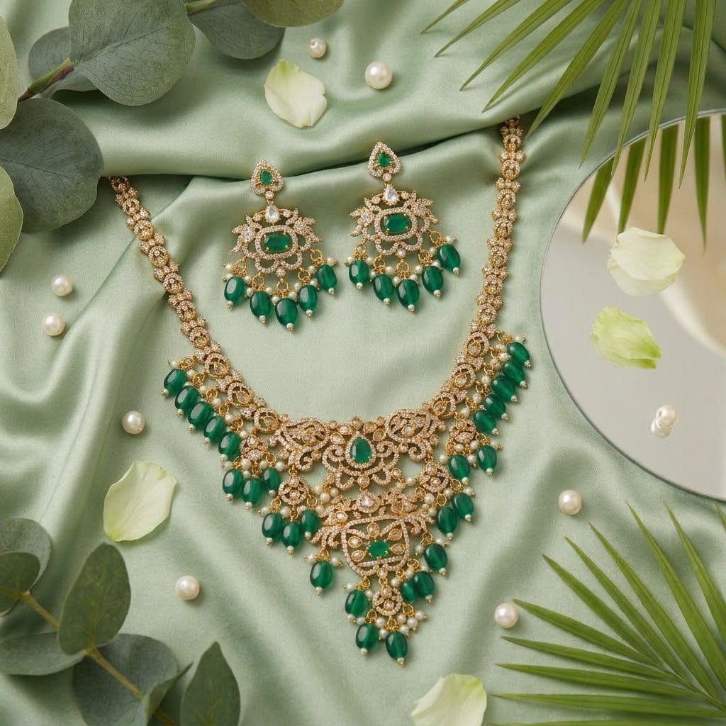 Traditional Gold-Plated Indian Jewelry Set With Emerald Green Color Beats And Stones With Matching Earrings