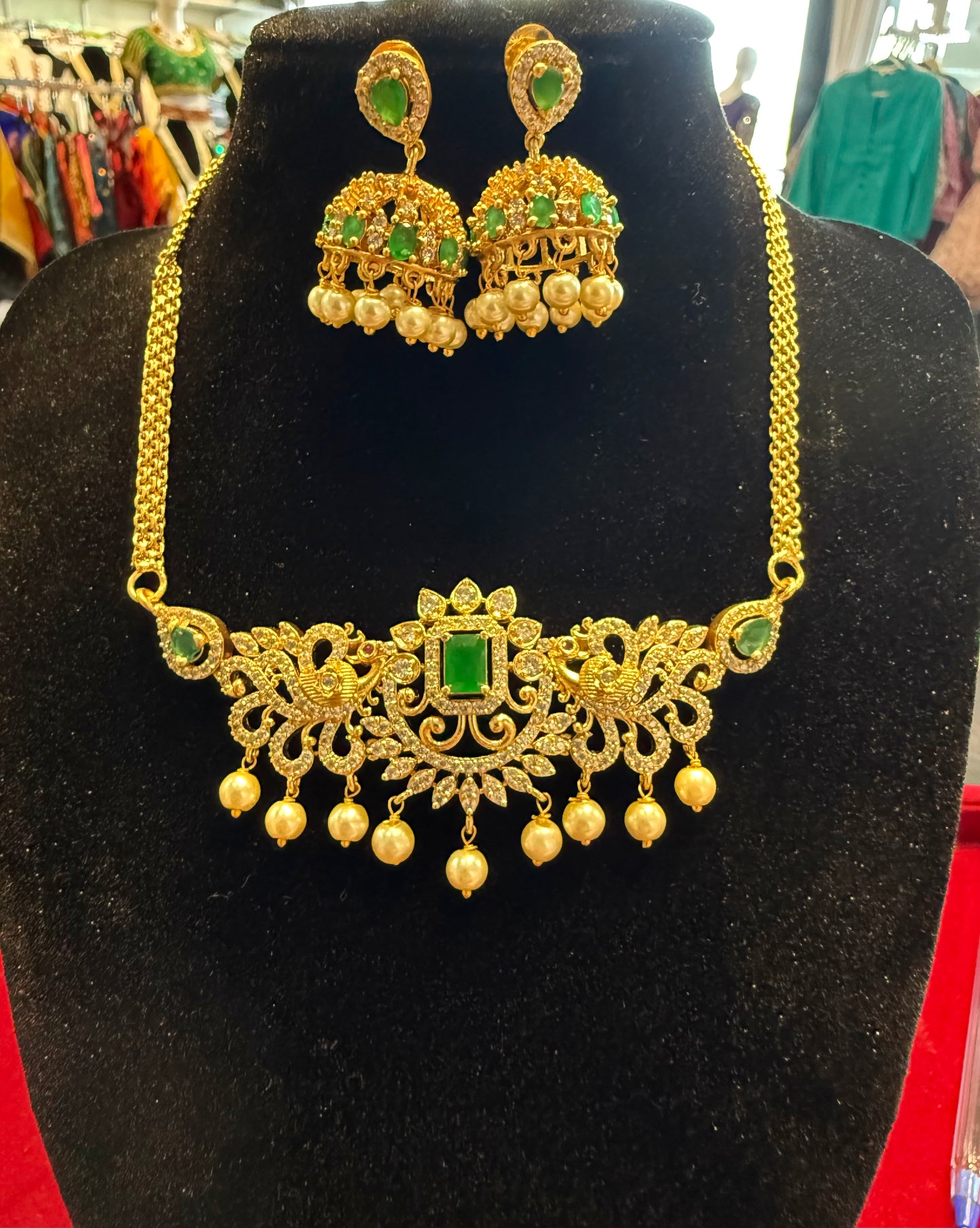 Beautiful Gold plated Green and White Stone Choker Necklace with earrings