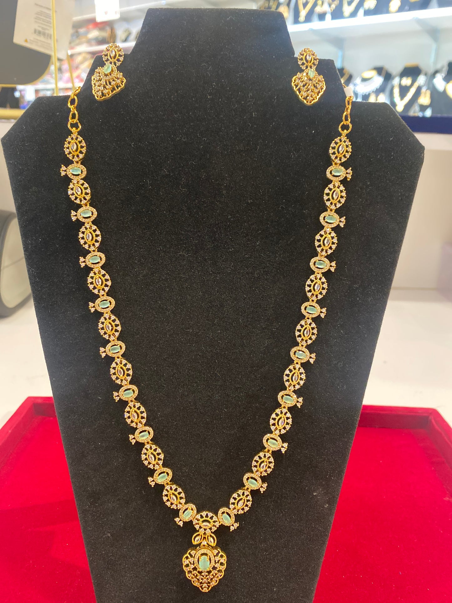 Beautiful Teal Green and White Stones Gold Plated Long Necklace With Earrings Set