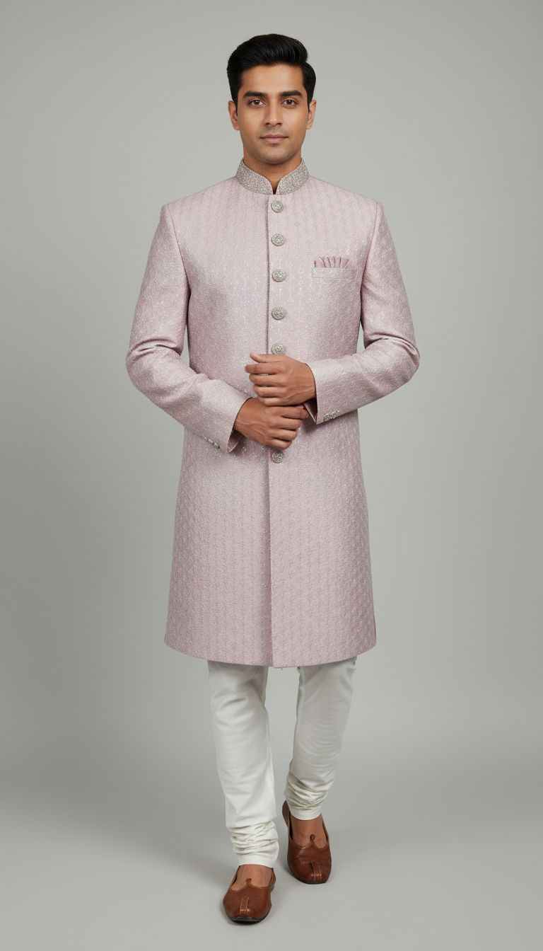 Pink Color Raw Silk With Embroidery Work Sherwani Suit For Men Near Me