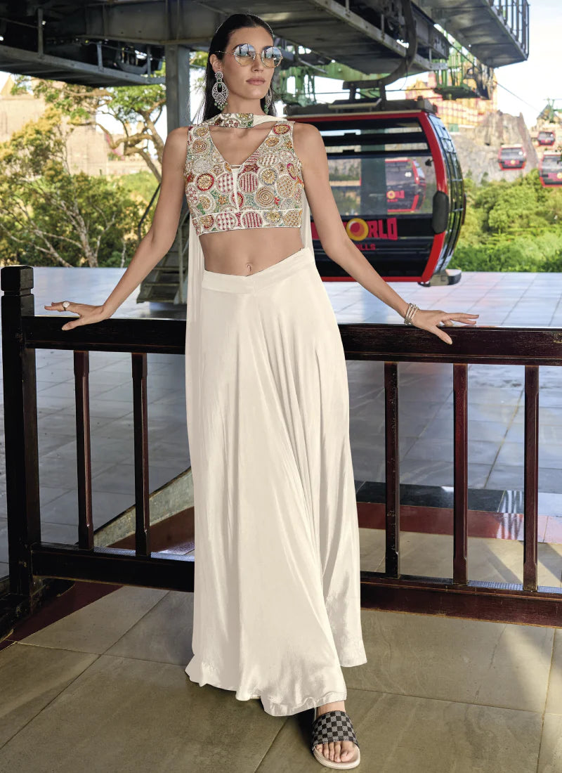 Attractive White Color Designer Embroidery Indo Western Palazzo Suits With Dupatta