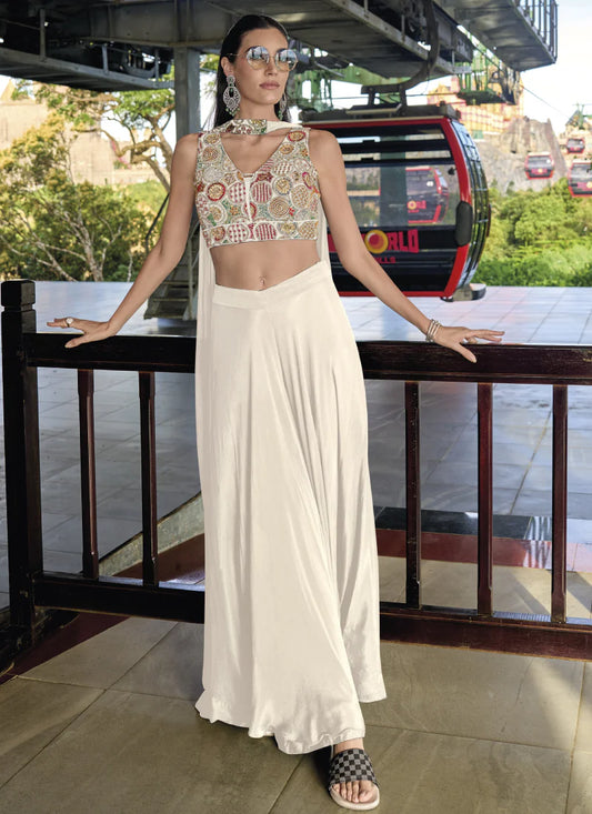 Attractive White Color Designer Embroidery Indo Western Palazzo Suits With Dupatta