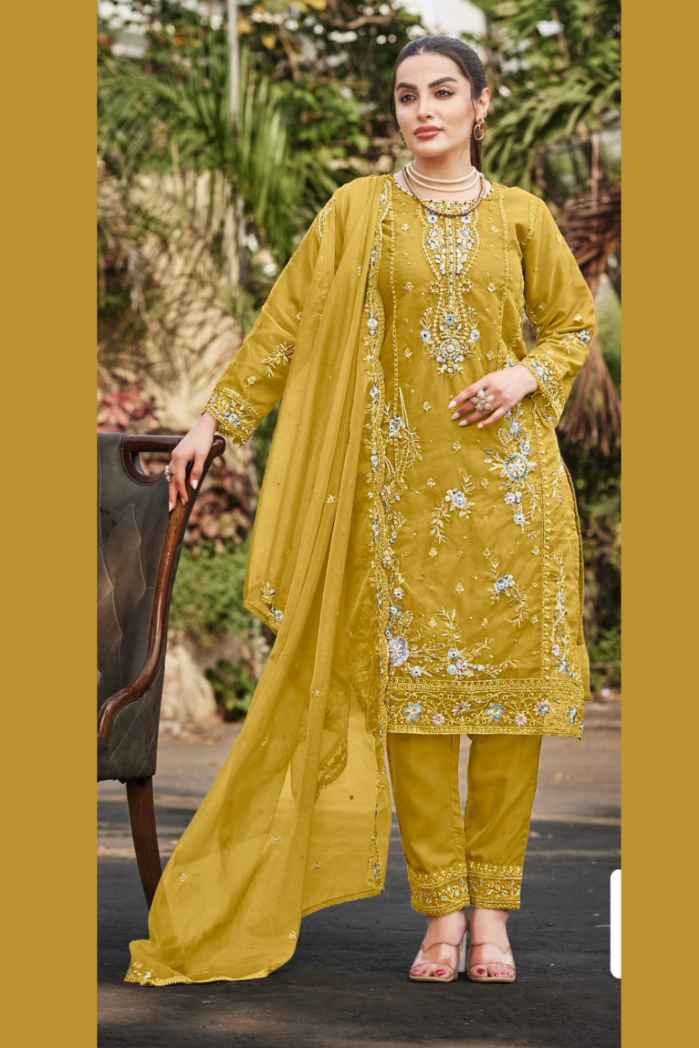 Alluring Mustard Yellow Color Organza With Embroidery Khatli Work Salwar Suit For Women