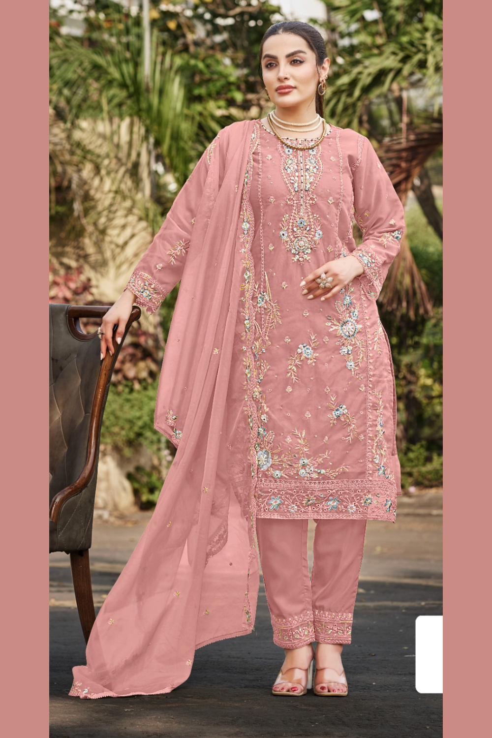 Alluring Pink Color Organza With Embroidery Khatli Work Salwar Suit For Women