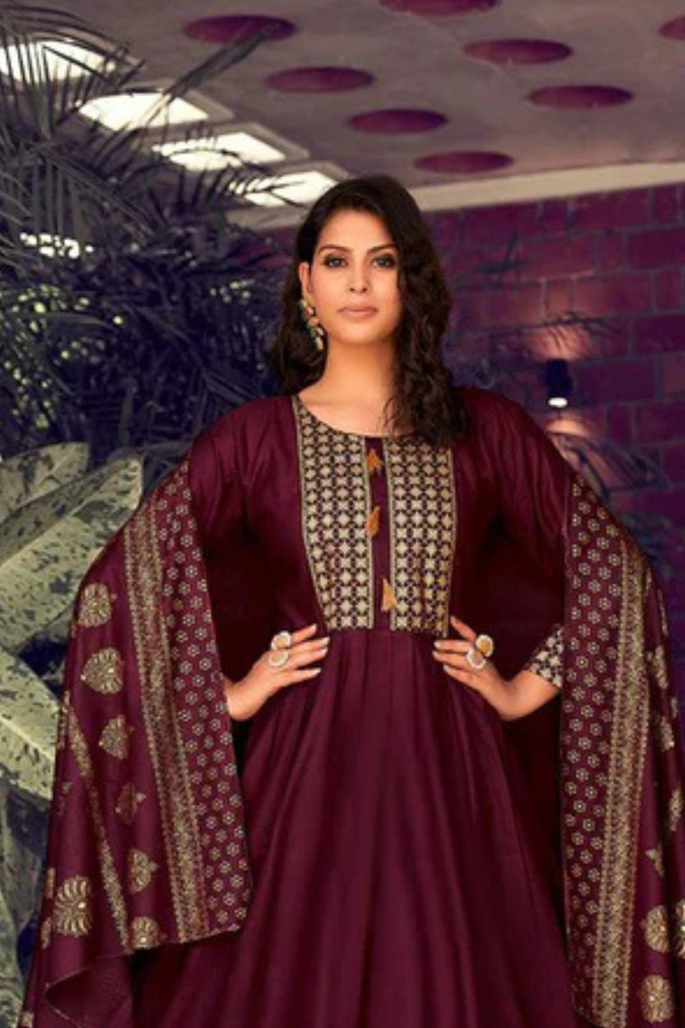 Maroon Color Fancy Foil Printed Rayon Gowns With Dupatta  Near Me