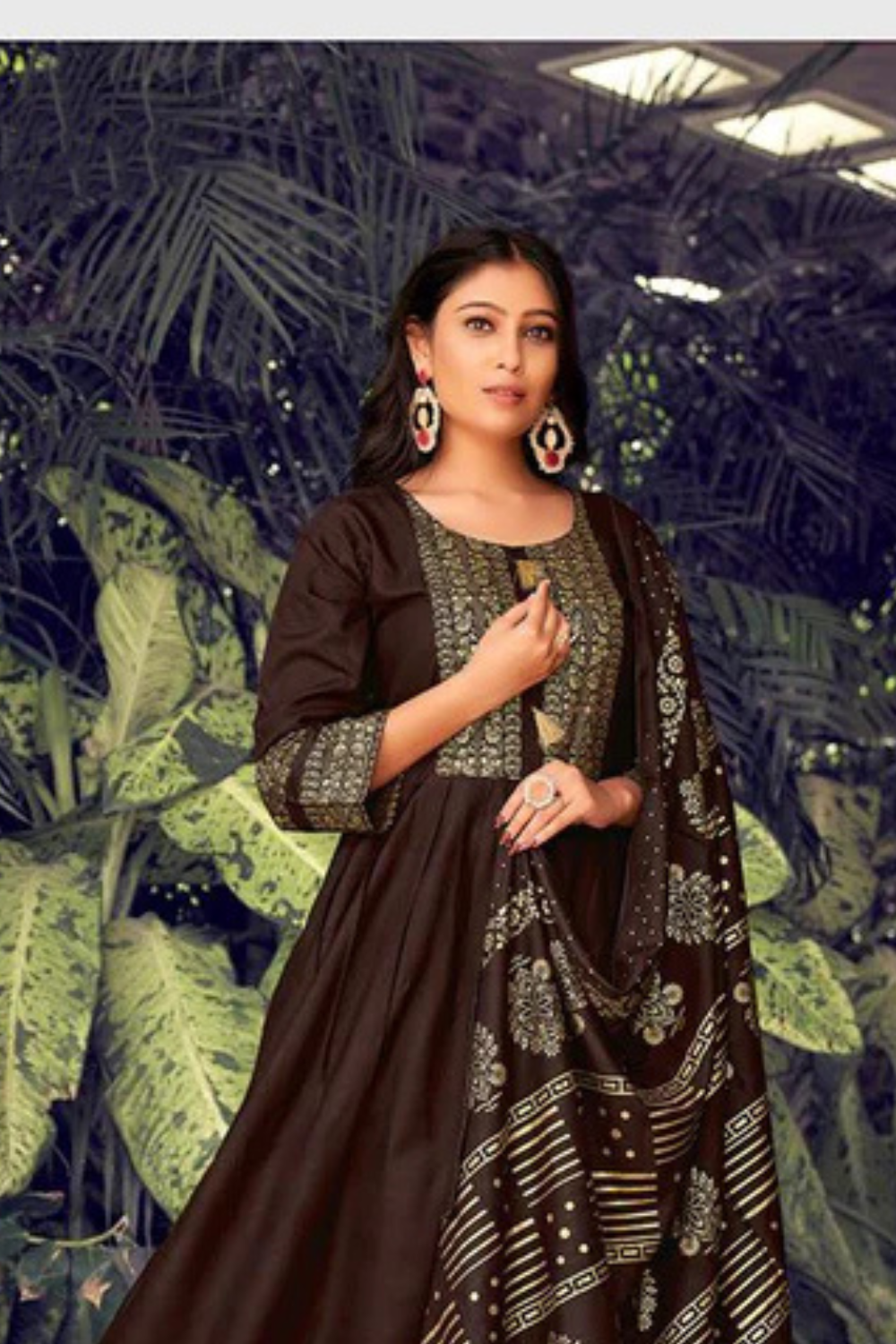 Brown Color Fancy Foil Printed Rayon Gowns With Dupatta Collection Near Me