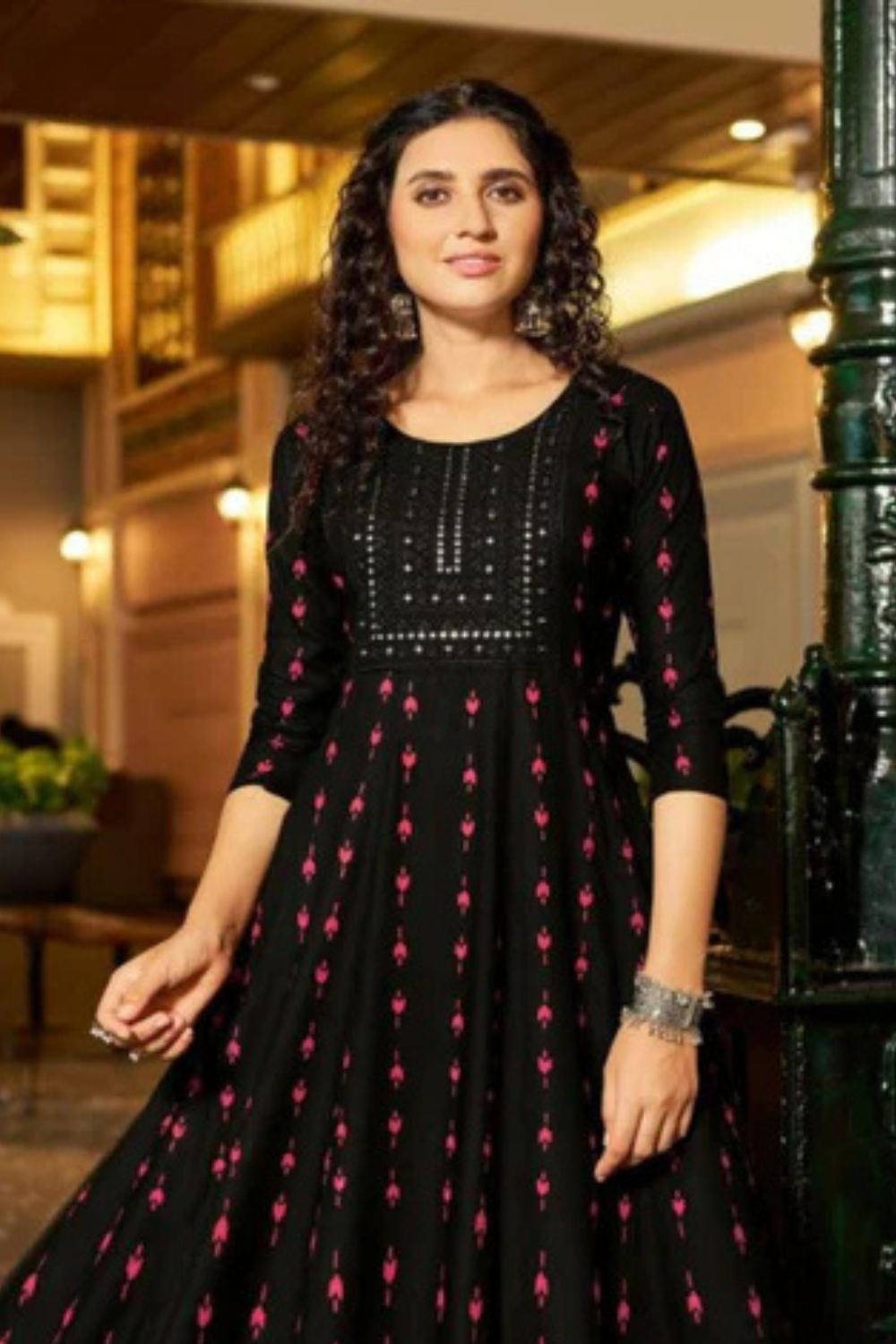 Black Color Rayon With Neck Embroidery Work Kurti Near Me