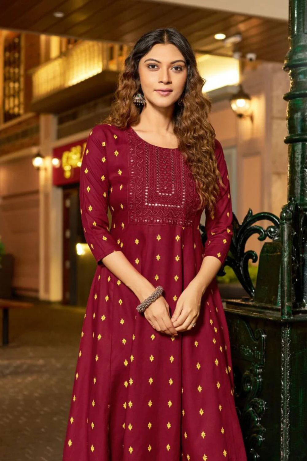 Maroon Colored Rayon With Neck Embroidery Work Kurti Near Me