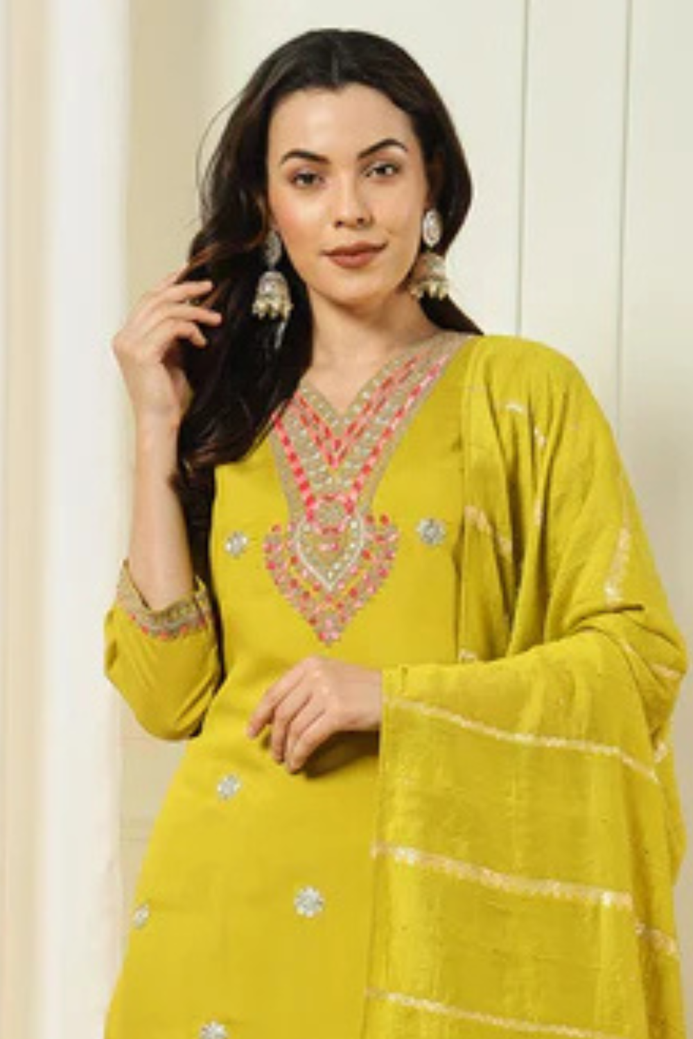 Mustard Yellow Color Roman Embroidered Salwar Suits With Dupatta Near Me