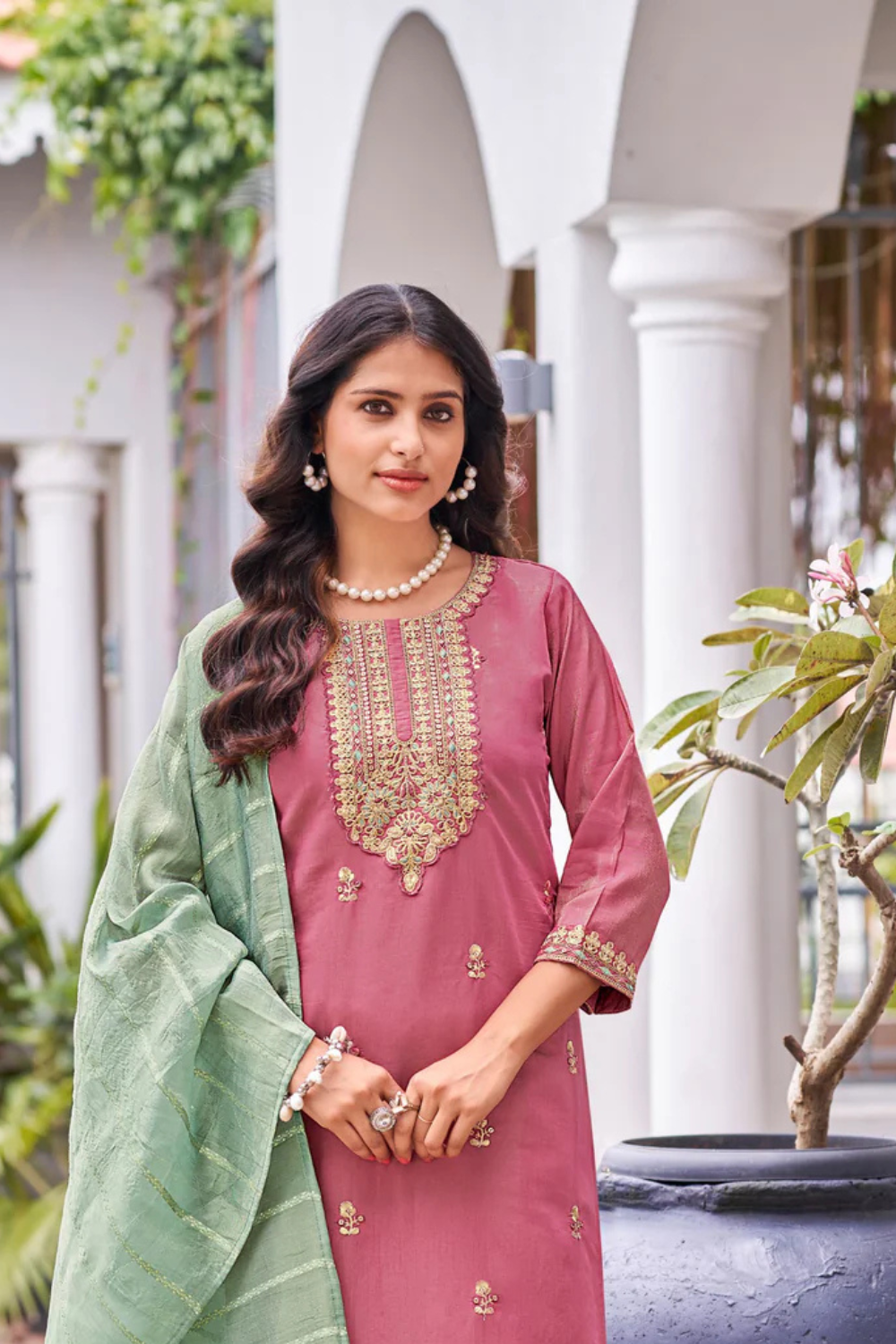 Pink Color Roman Silk Embroidery Salwar Suits With Dupatta Near Me