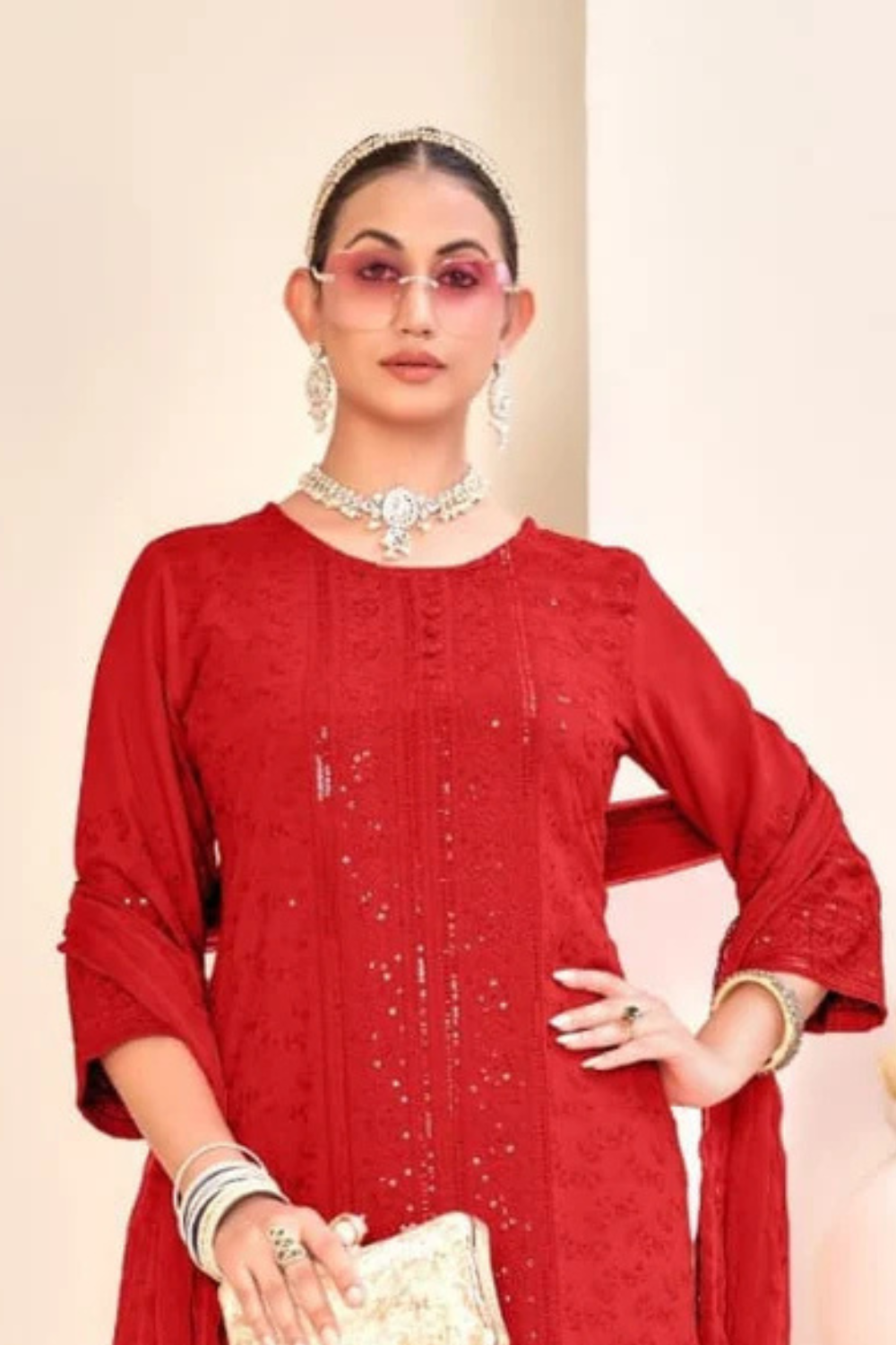 Red Color Viscose Rayon Salwar Suits With Dupatta Set Near Me