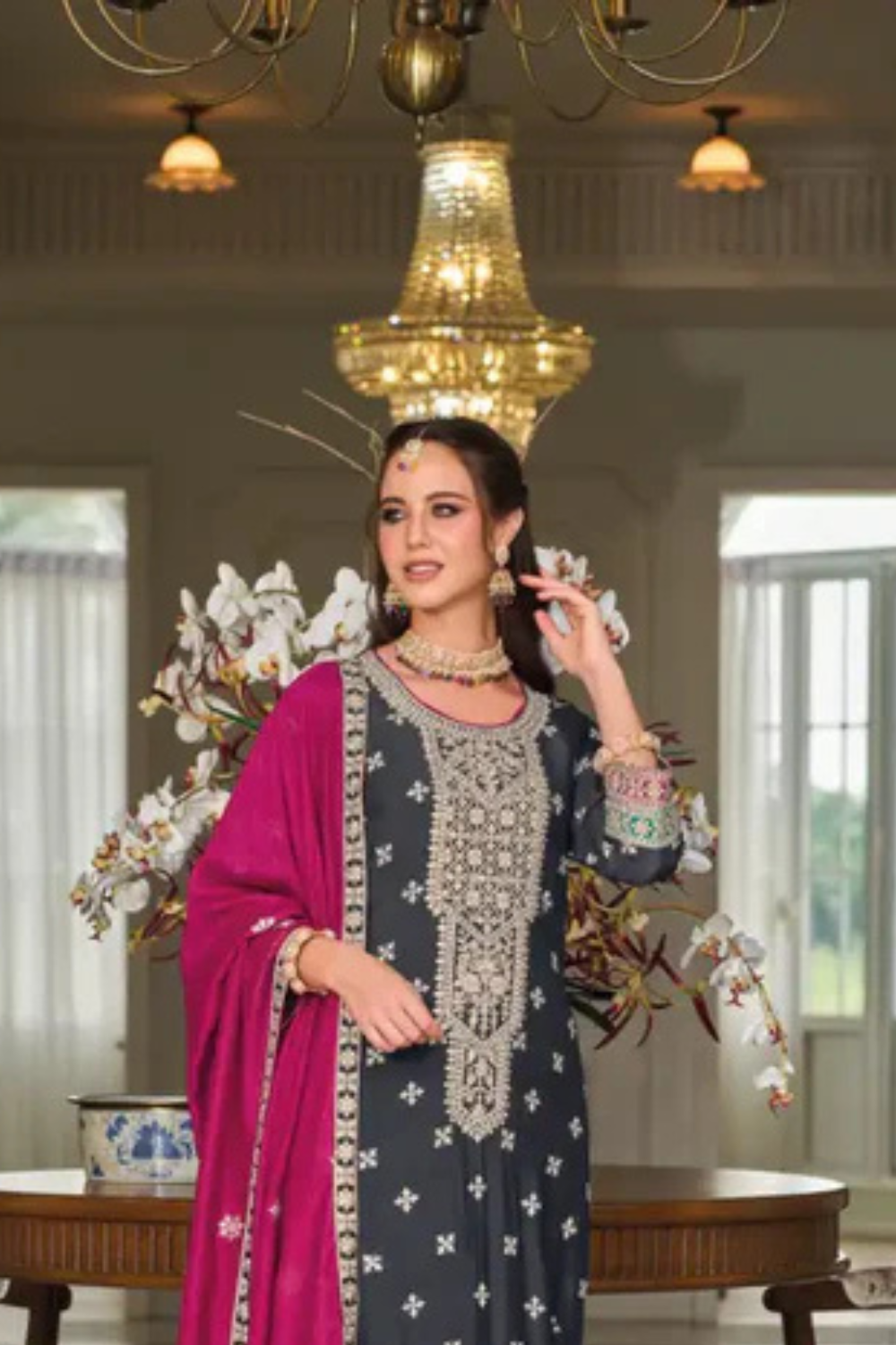 Dark Blue Color Embroidery Work Salwar Suits With Dupatta Near Me