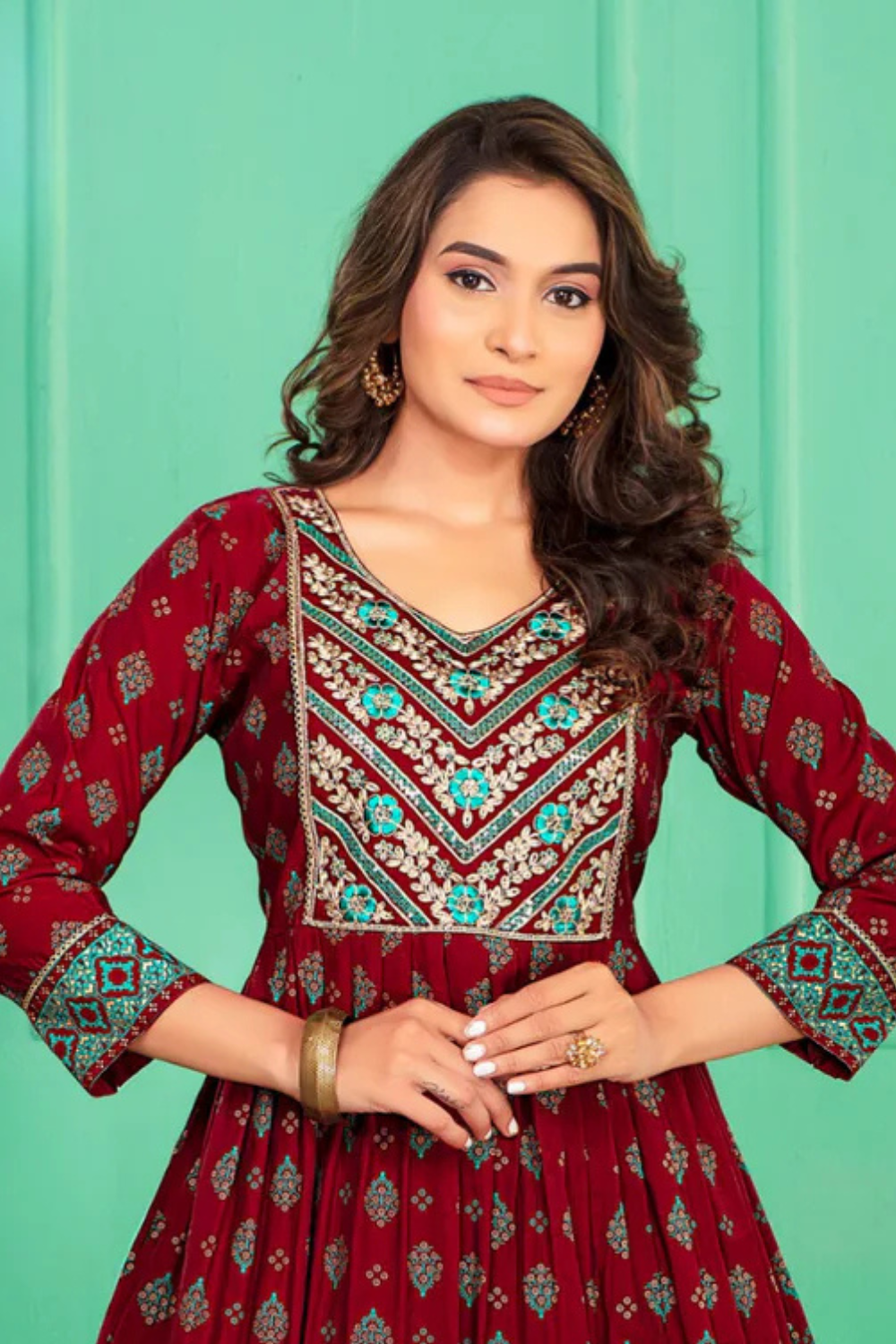 Maroon Color Screen Print Flared Long Kurti With Embroidery Near Me
