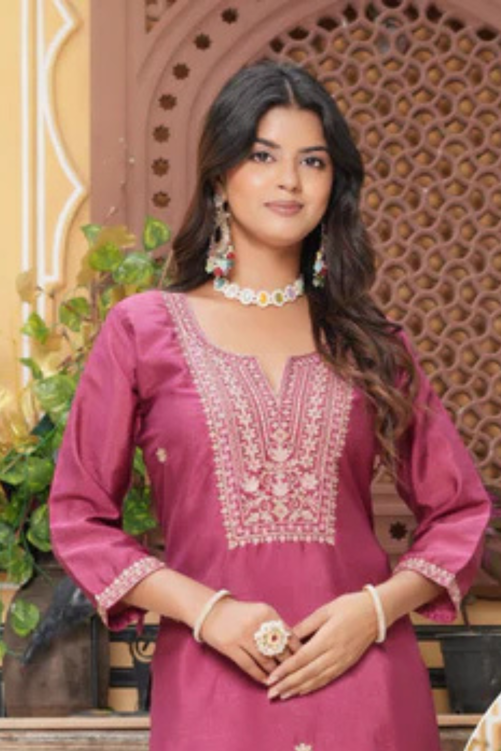 Attractive Light Pink Color Thread Work And Silk Kurti Near Me
