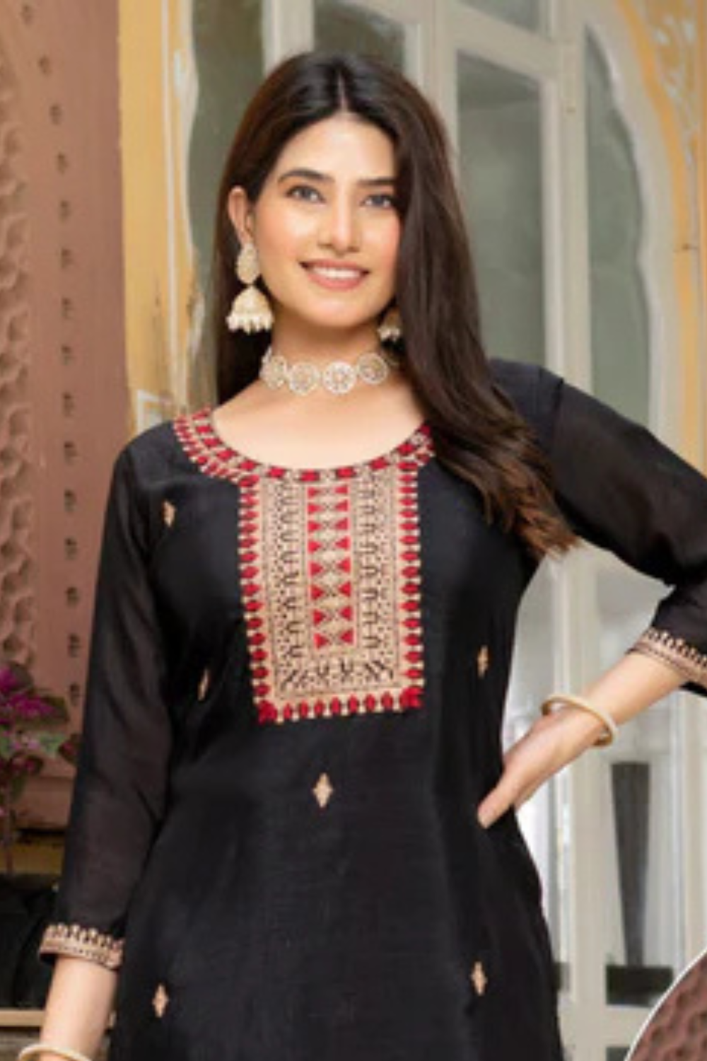 Dazzling Black Color Thread Work And Silk Kurti Near Me