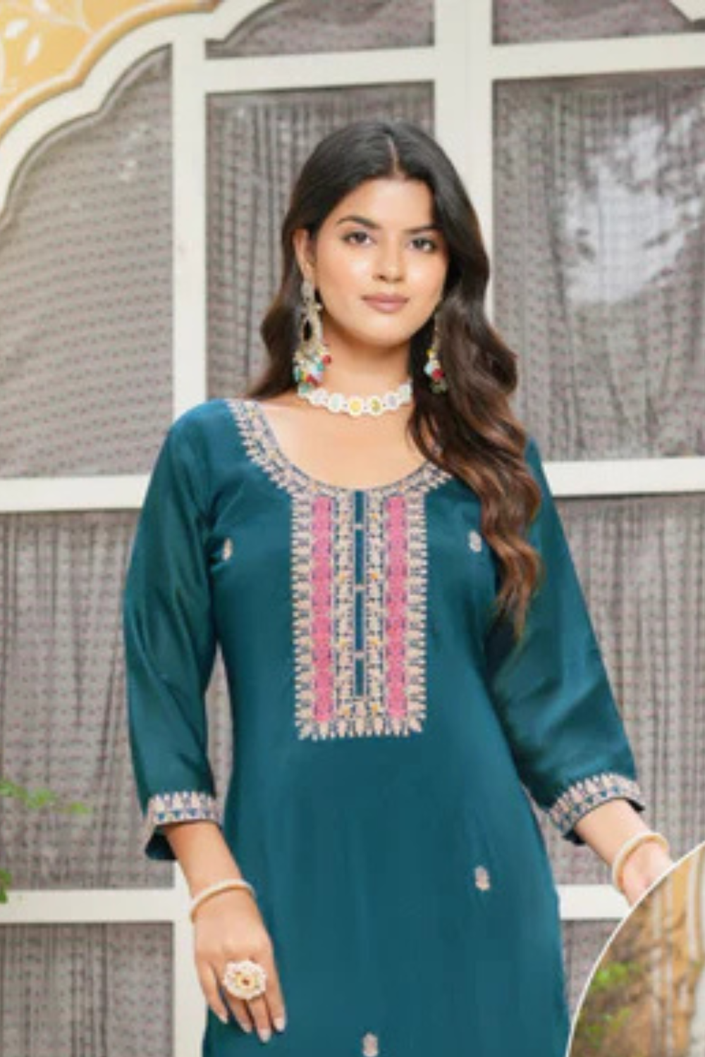 Trendy Teal Blue Color Thread Work Silk Kurti For Women Near me