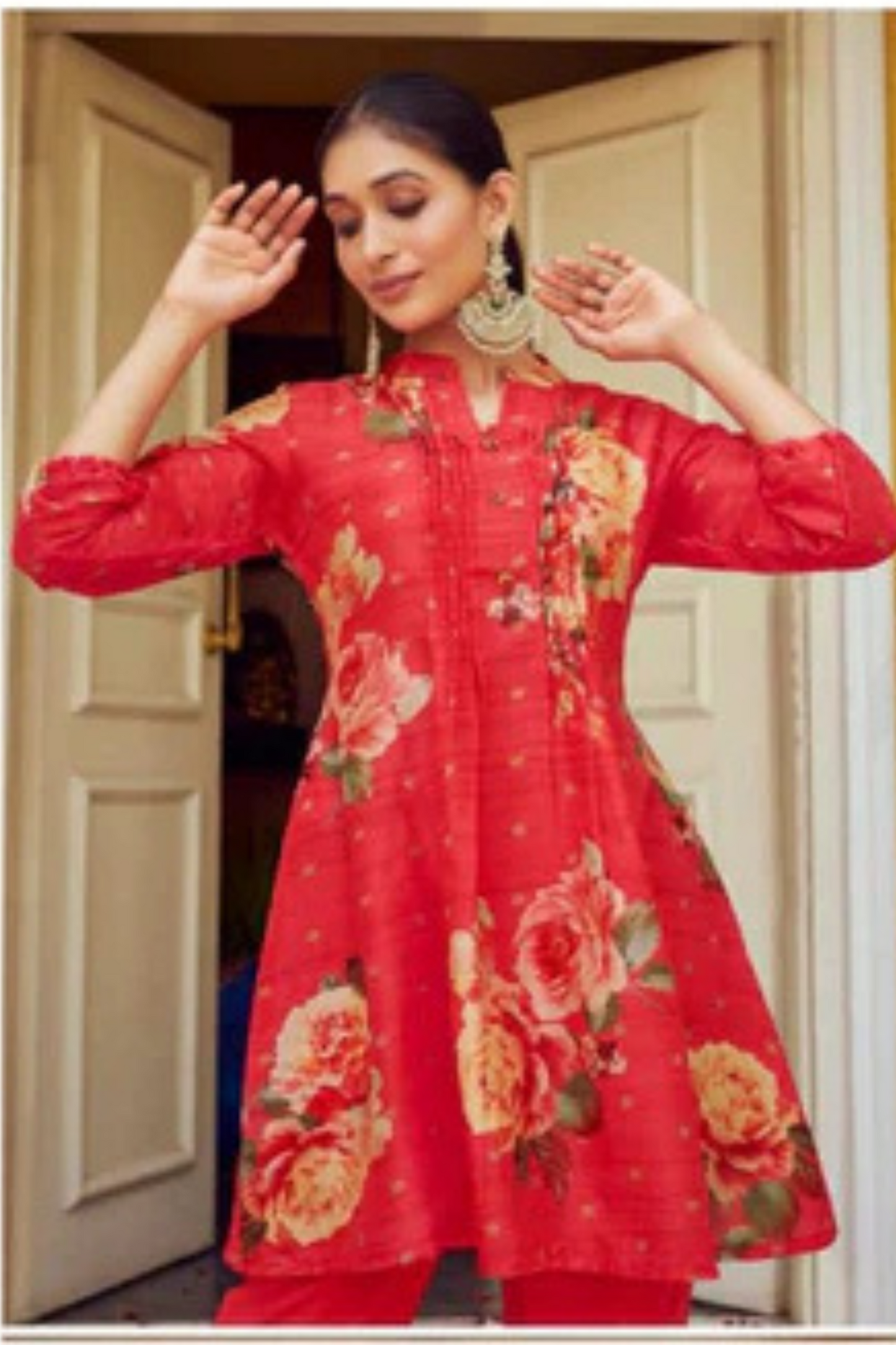 Red Color Tusser Silk Floral Designer Indo Western Kurti And Suit Near Me