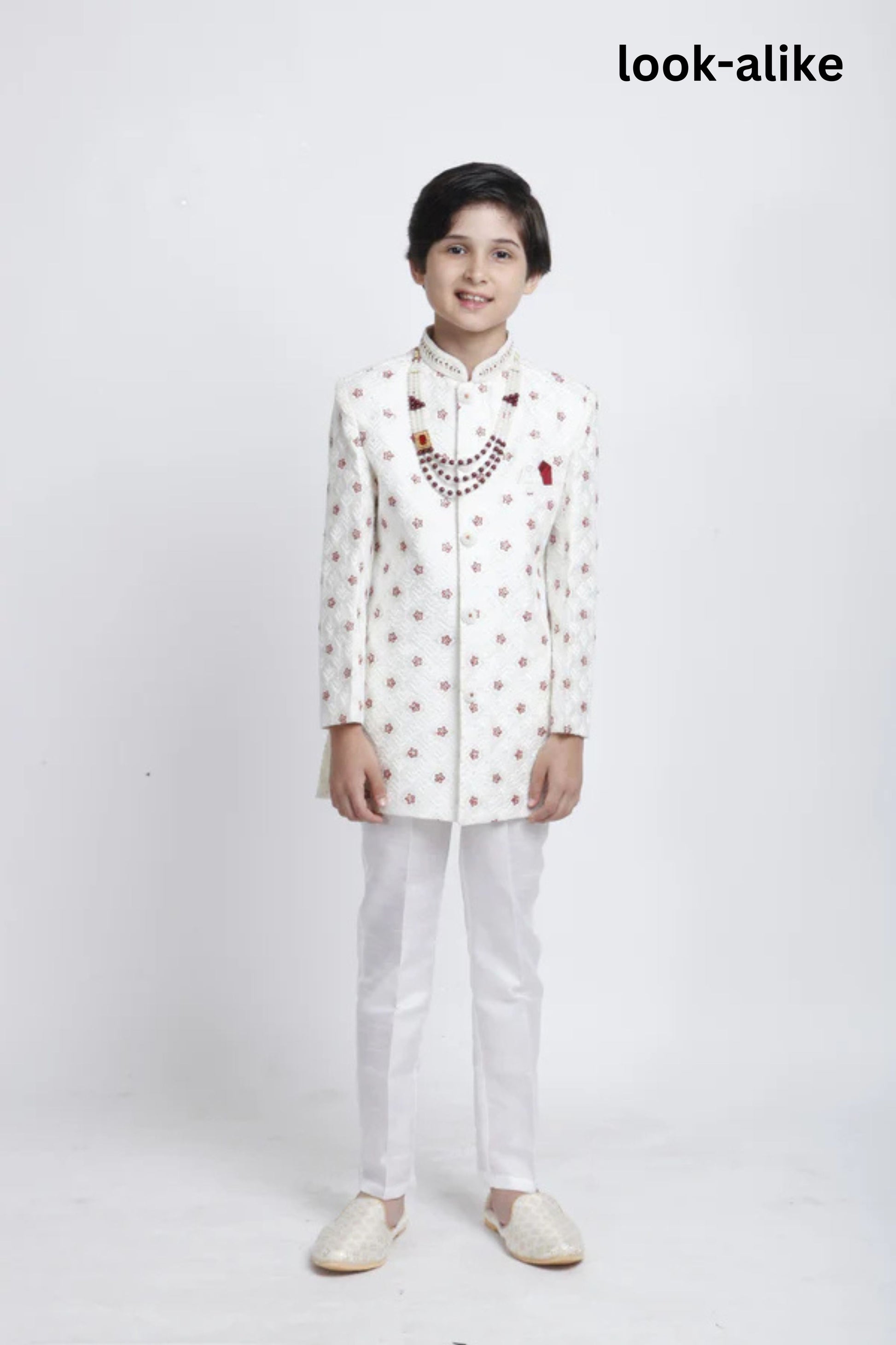 Beautiful Silk Embroidery With Beaded Worn On Neck And Pearl Buttons Sherwani Sets For Kids
