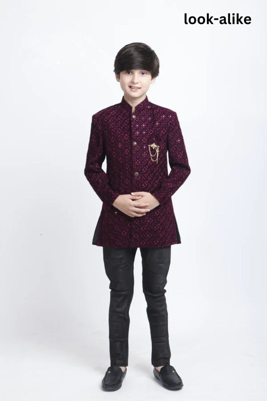 Attractive Wine Color Velvet Embroidery Work Kurta With Pajama Sets For Kids