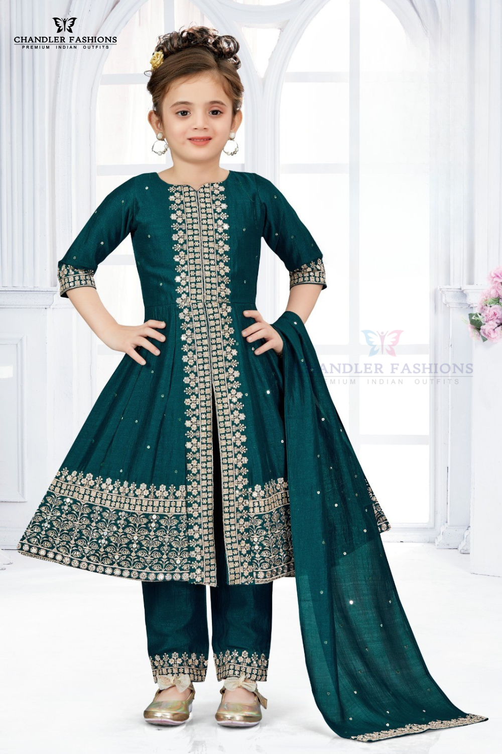 Attractive Teal Green Colored Embroidery Work Girls Kurti Suit