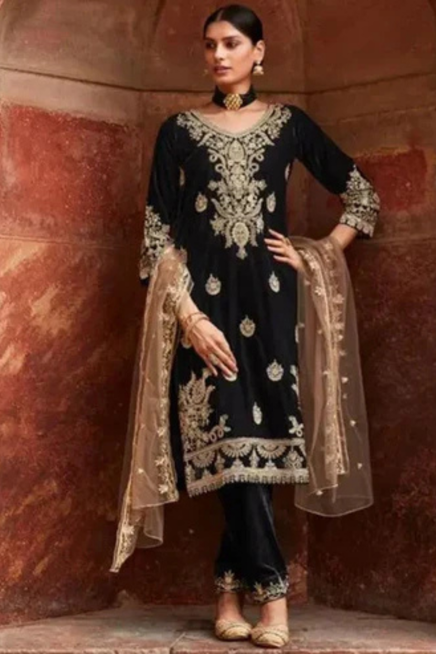 Beautiful Black Color Velvet With Embroidery Salwar Suits With Dupatta For Women