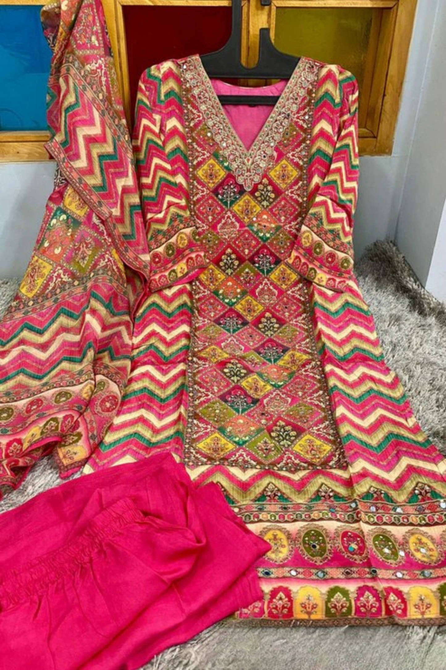 Alluring Pink Color Emboidery Viscose Muslin Palazzo Suits With Dupatta For Women