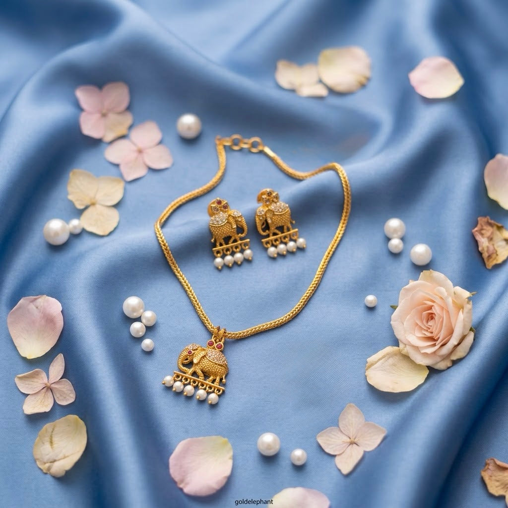 Gold Plated White Color Necklace And Earring Combo With Pearl Hangings